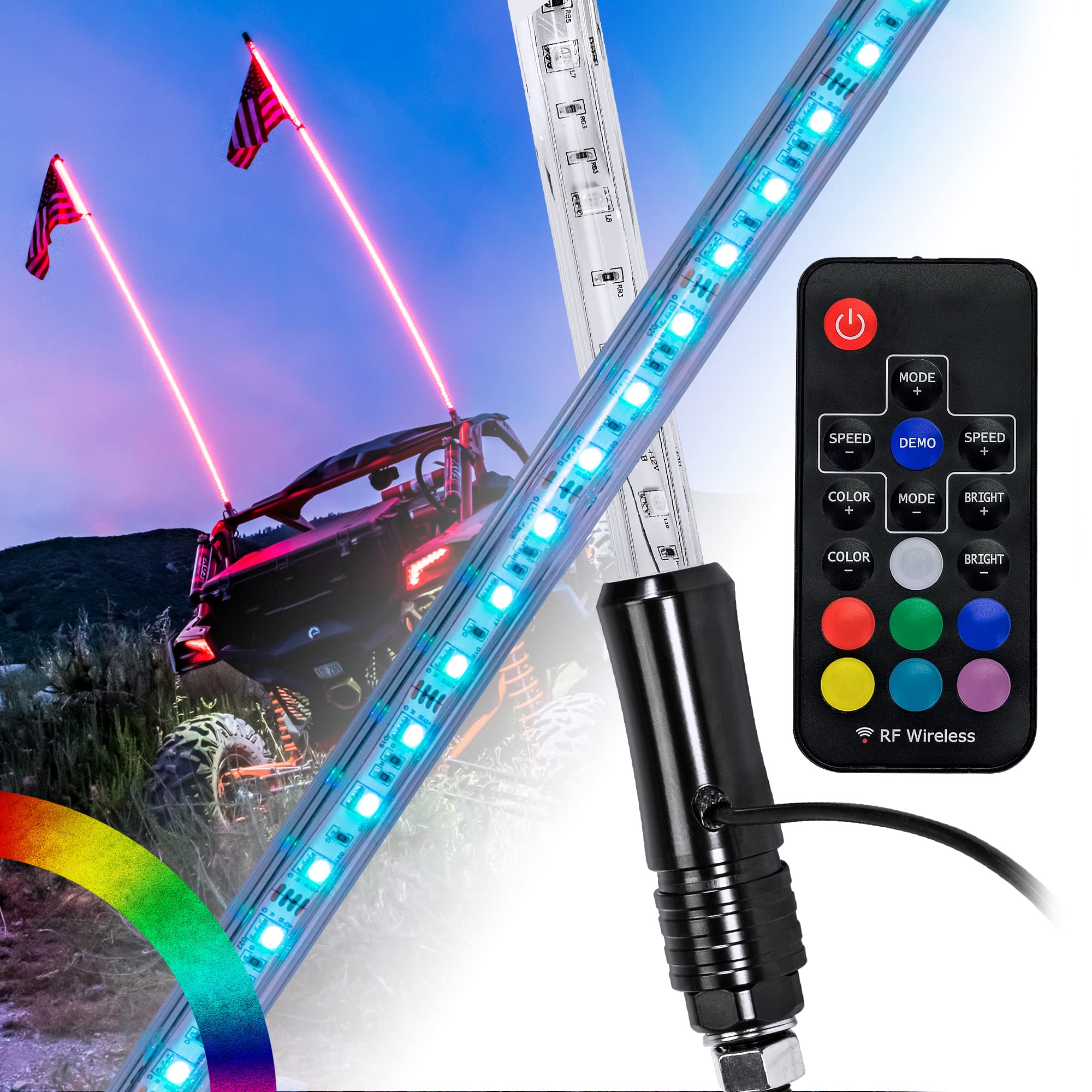 True Mods 2pc 5ft RGB LED Whip Light for UTV ATV [RF Wireless Remote] USA Flag Waterproof LED Lighted Whip CB Antenna Pole Stick