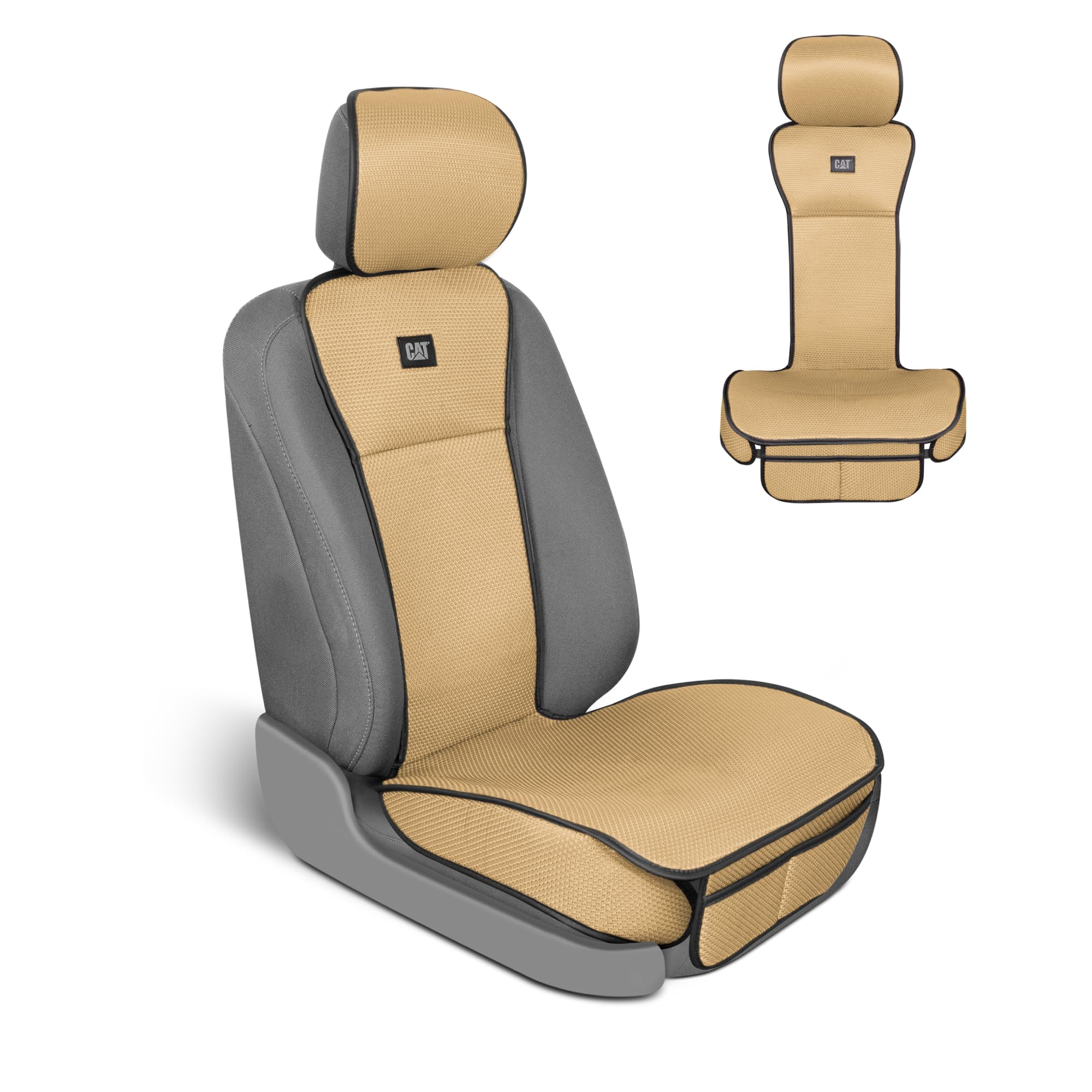 Caterpillar AeroMesh Beige Seat Covers for Trucks, Car, & SUV - (1) Front Truck Seat Cover Protector - Breathable Mesh Universal