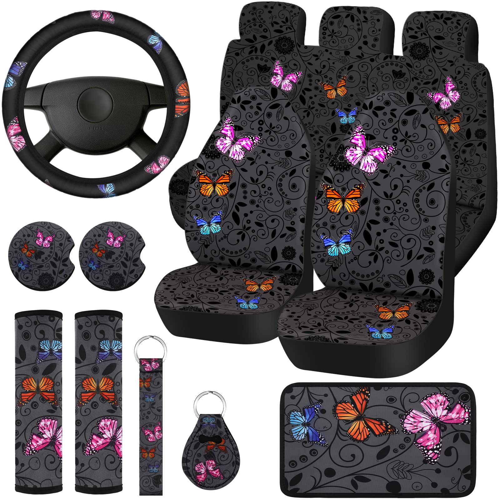 15 Pcs Butterfly Car Seat Covers Full Set for Car Front Rear Seat Covers Steering Wheel Cover Wrist Strap Coasters Armrest and S