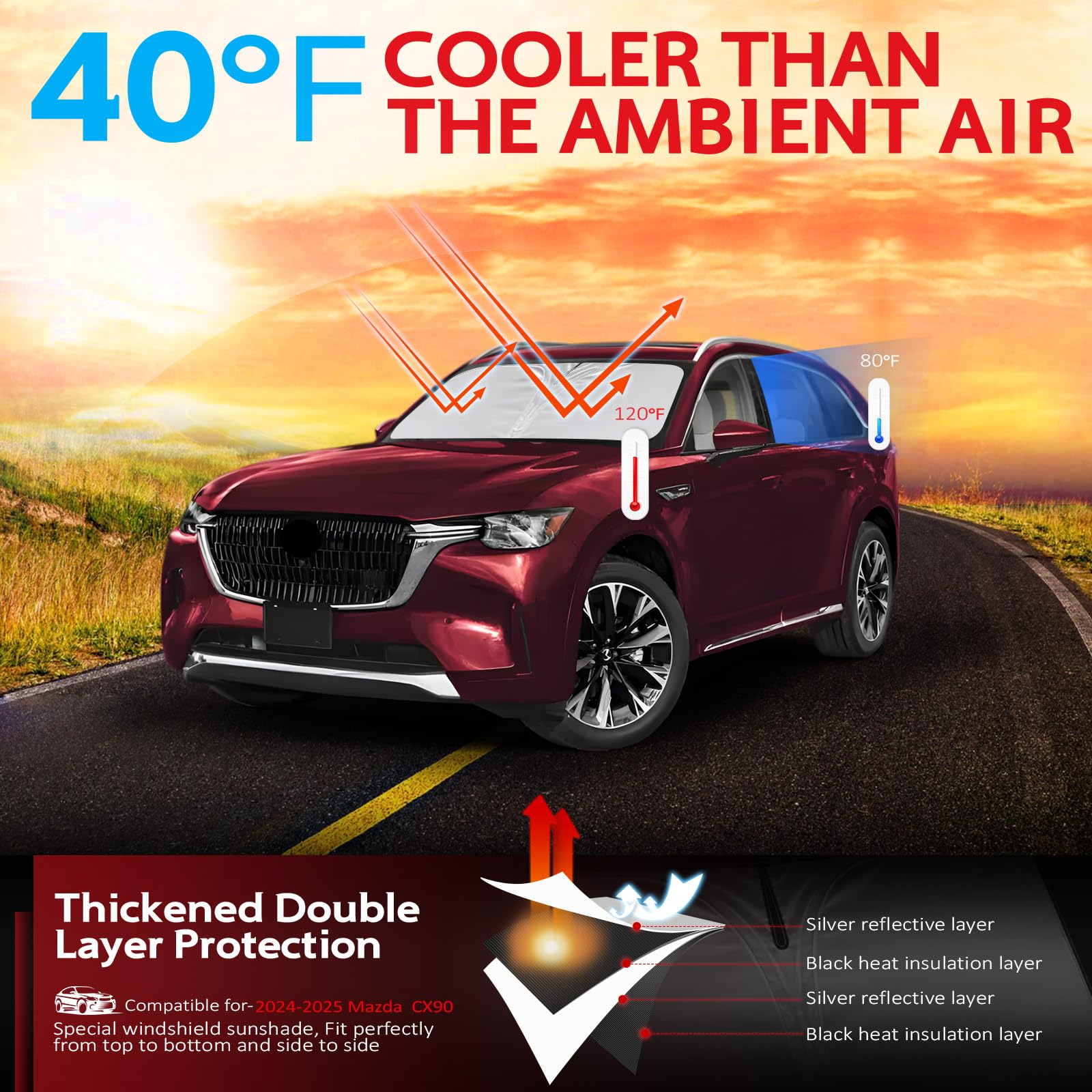 Kayzt Windshield Sun Shade For 2024-2025 Mazda Cx-90 Cx90 Foldable Sunshade Front Window Custom Fit Car Accessories