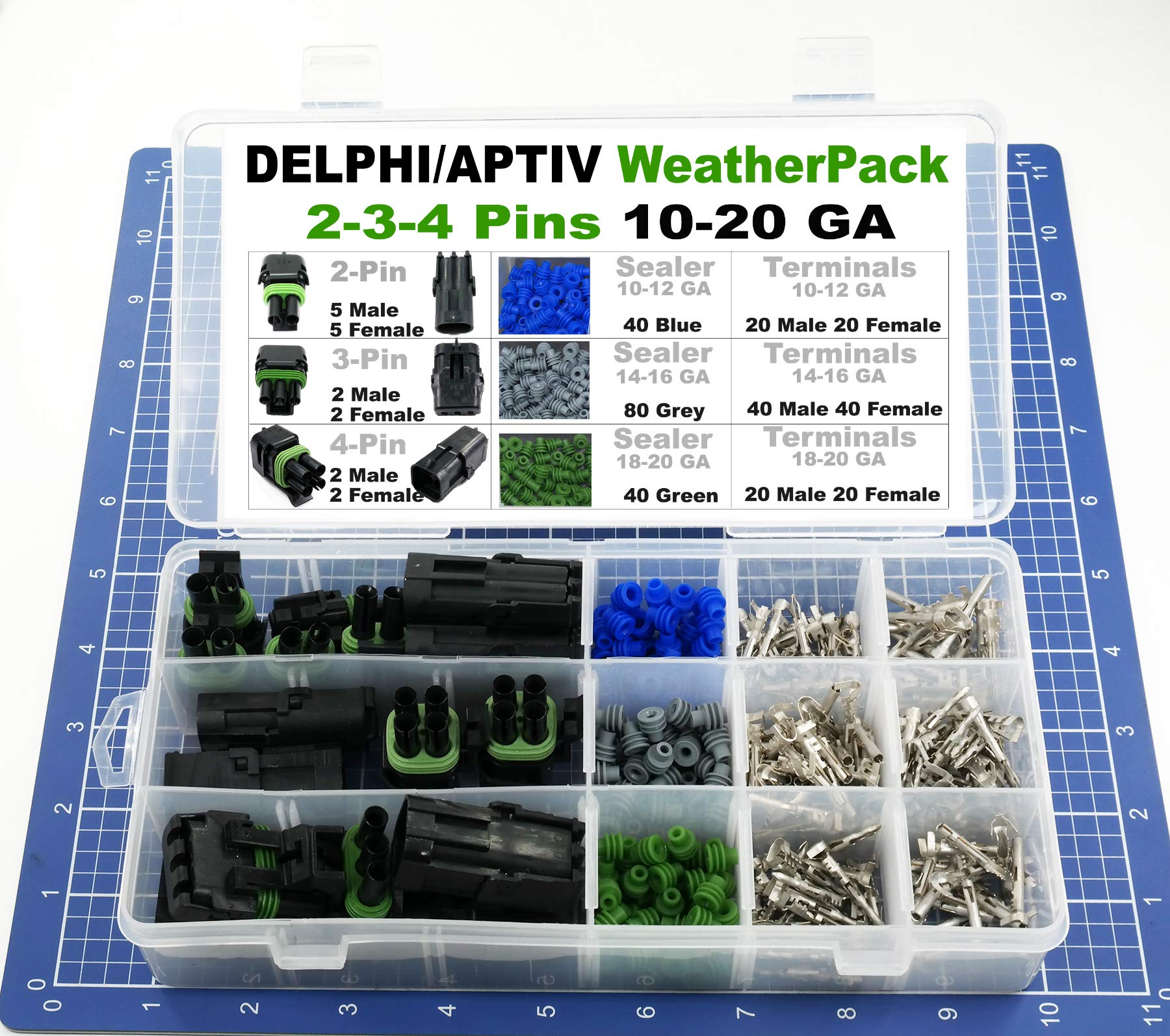 338Pcs 2, 3,4 Pin Weatherpack, 20 Amp Terminal Kit 10-20