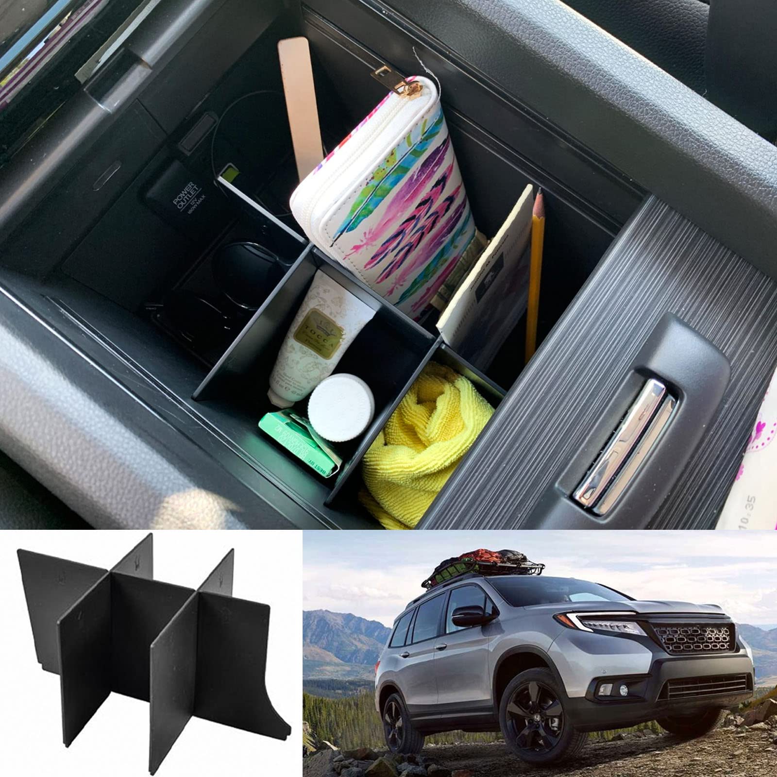 Tacobro Center Console Organizer Dividers For Honda Pilot 2016-2022 / Ridgeline 2017-2022 2023/ Passport 2019-2022 2023 Accessories, Black Abs Plastic Insert Secondary Storage