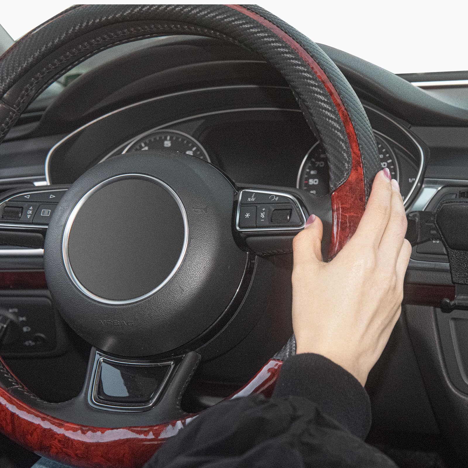 Xizopucy Wood Grain Steering Wheel Cover Red Universal Microfiber Leather, Suitable For 14 1/2-15 Inch Comfortable Anti-Slip, Go