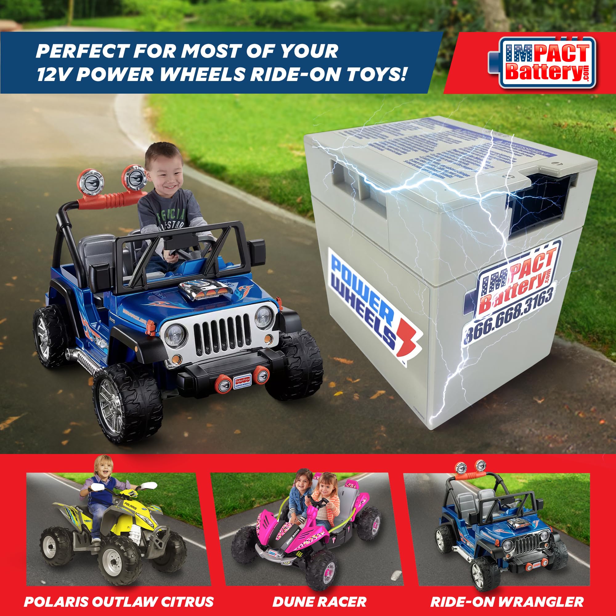 Impact Battery - 12-Volt Battery | Fits 12V Power Wheels Battery | Replacement Part 1001175653 00801-0638 00801-1869 | All Gray