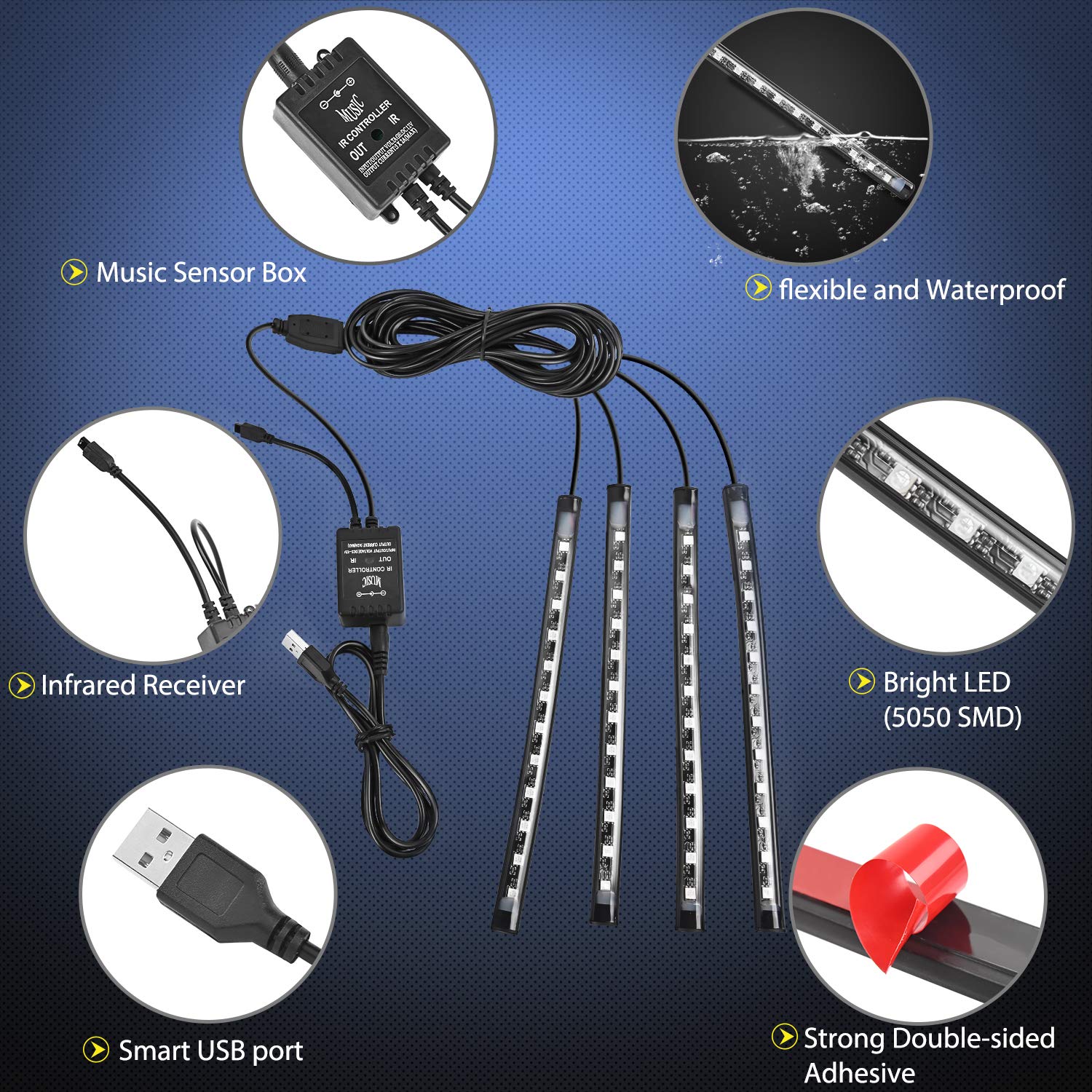 Nilight 48 Leds Dc 5V Multicolor Music Car Strip Light Under Dash Lighting Kit With Sound Active Function And Wireless Remote Co