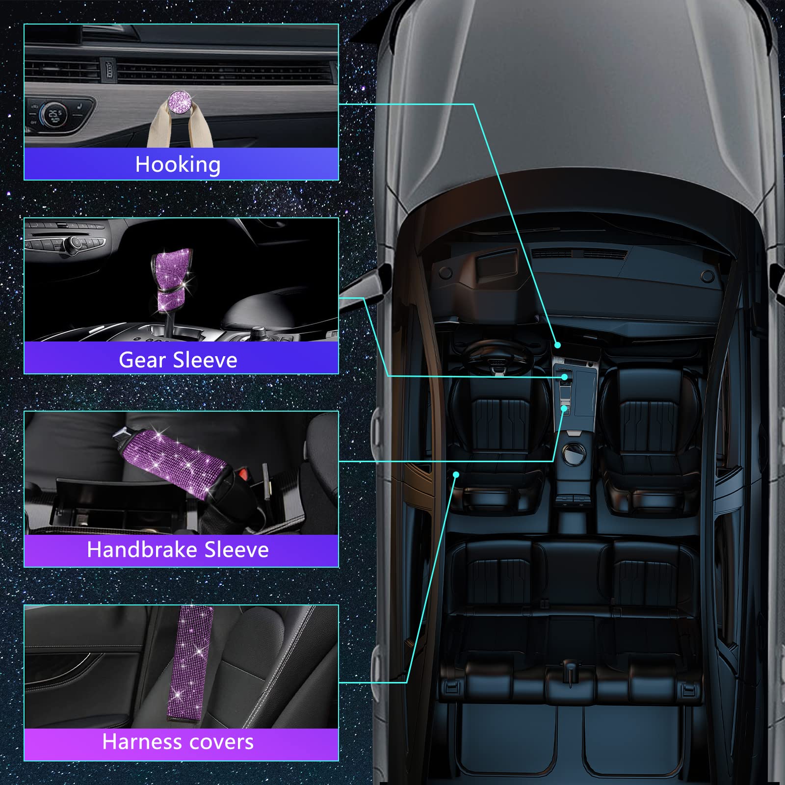 25Pcs Bling Car Parts Set,Bling Car Parts Set Female Universal Fit 15 Inches,Bling Iicense Plate Frame,Bling Center Console Cove