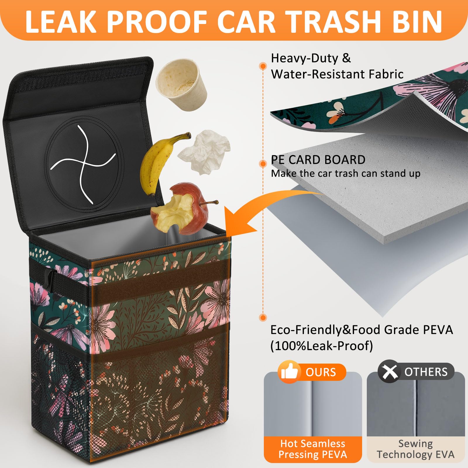 Vankor Car Trash Can For Cute, Bag Bin Hanging Waterproof Automotive Garbage Cans Leak Proof Vehicle Navy Floral