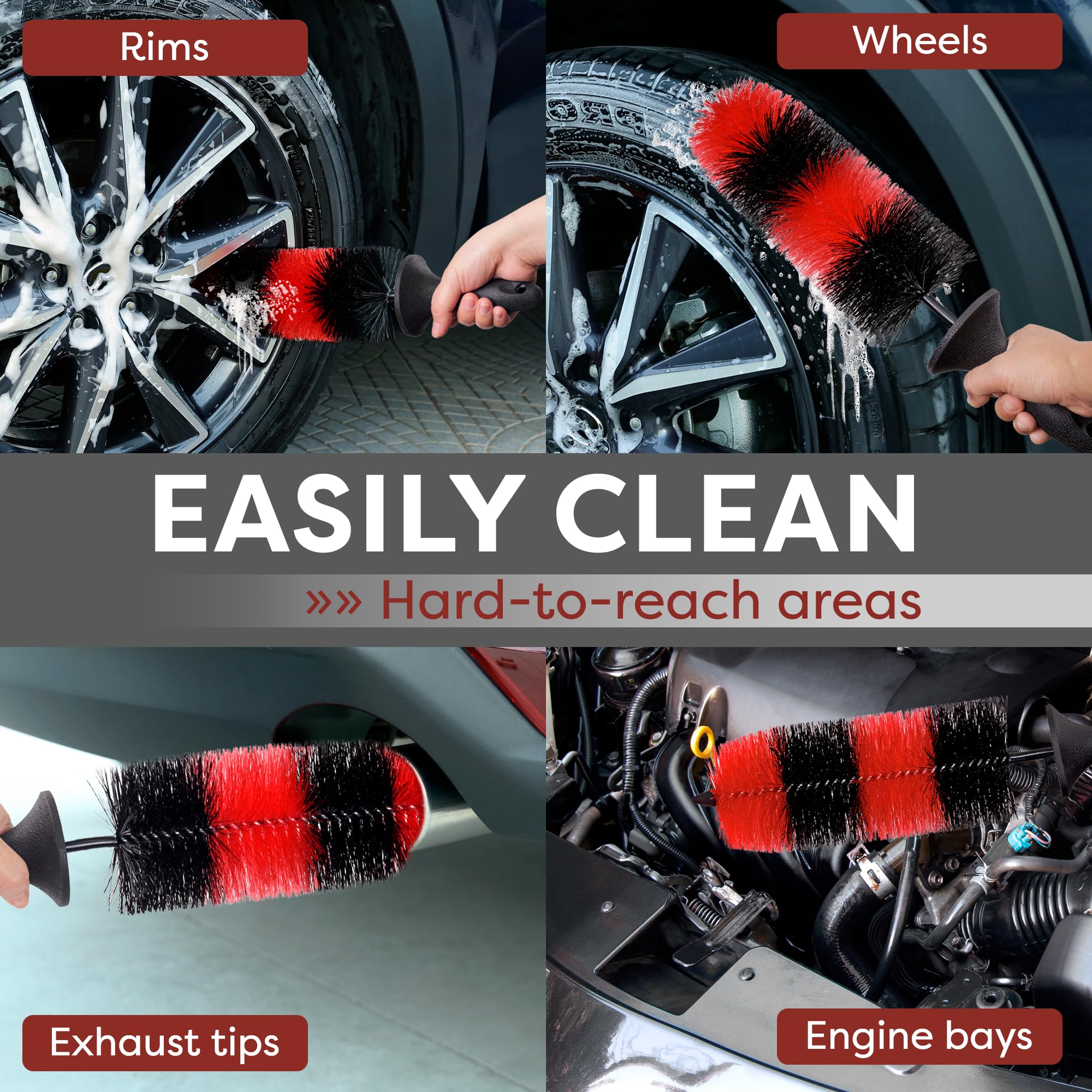 (Upgraded) Takavu Premium Wheel & Tire Brush, Long Bristle Detailing Brush For Effortless Rim & Tire Cleaning, Non-Slip Handle,