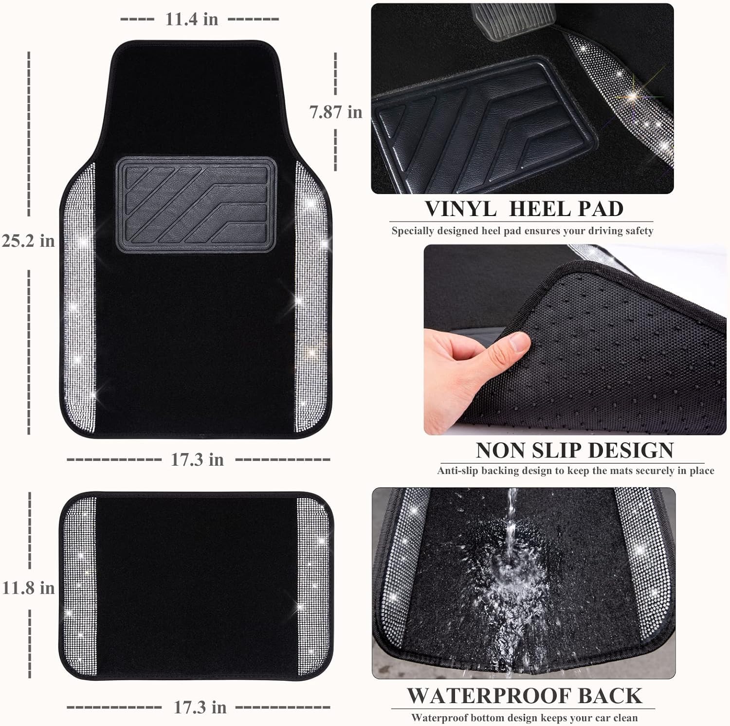 Car Pass 11 Pcs Bling Car Mats Accessories For Women, Sparkly Rhinestone Diamond Steering Wheel Cover, Bling Seat Belt Cushion,