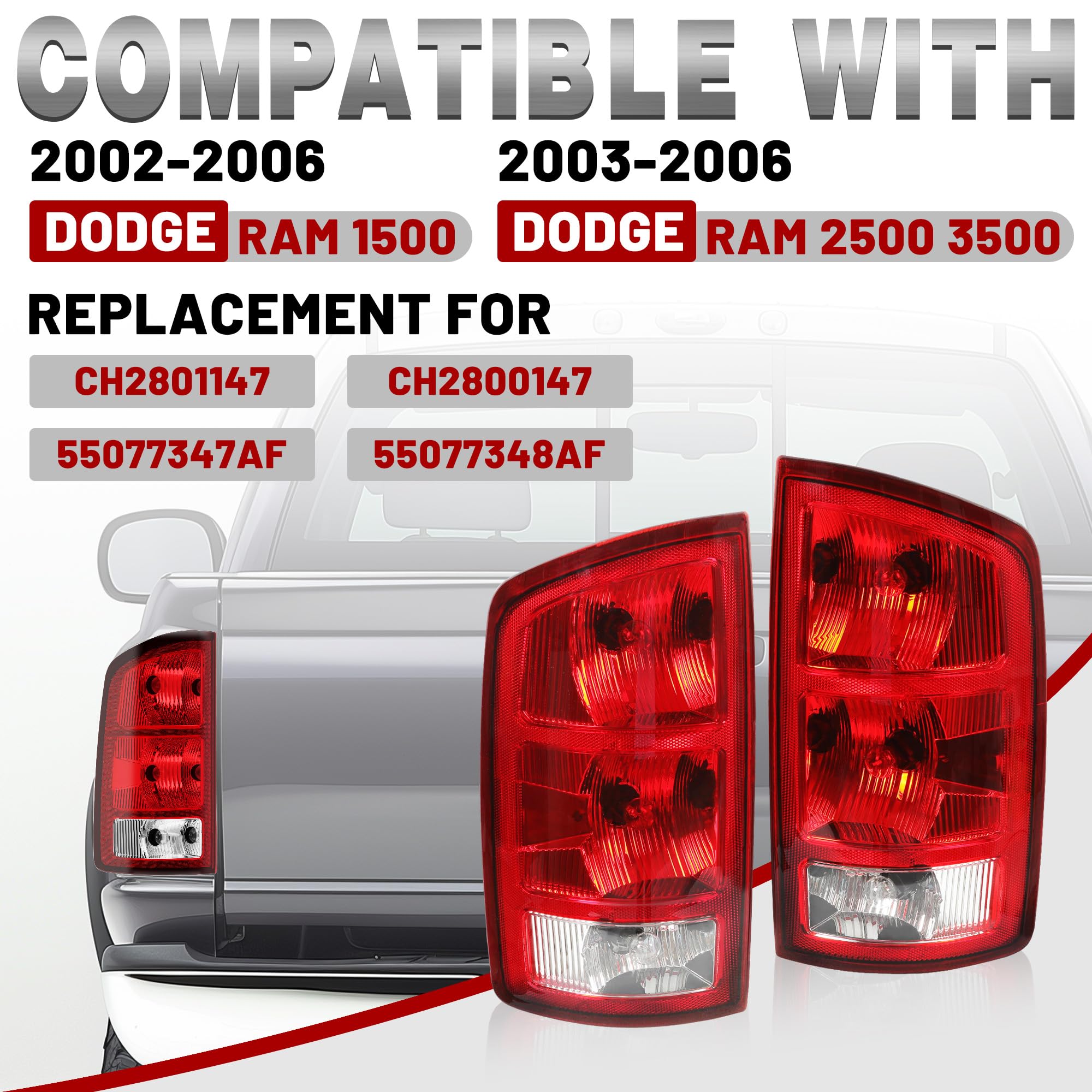 Hecasa Tail Lights Assembly W/Bulb Compatible With 2002-2006 Dodge Ram 1500/2003-2006 Dodge Ram 2500 3500 Pickup Taillight Brake