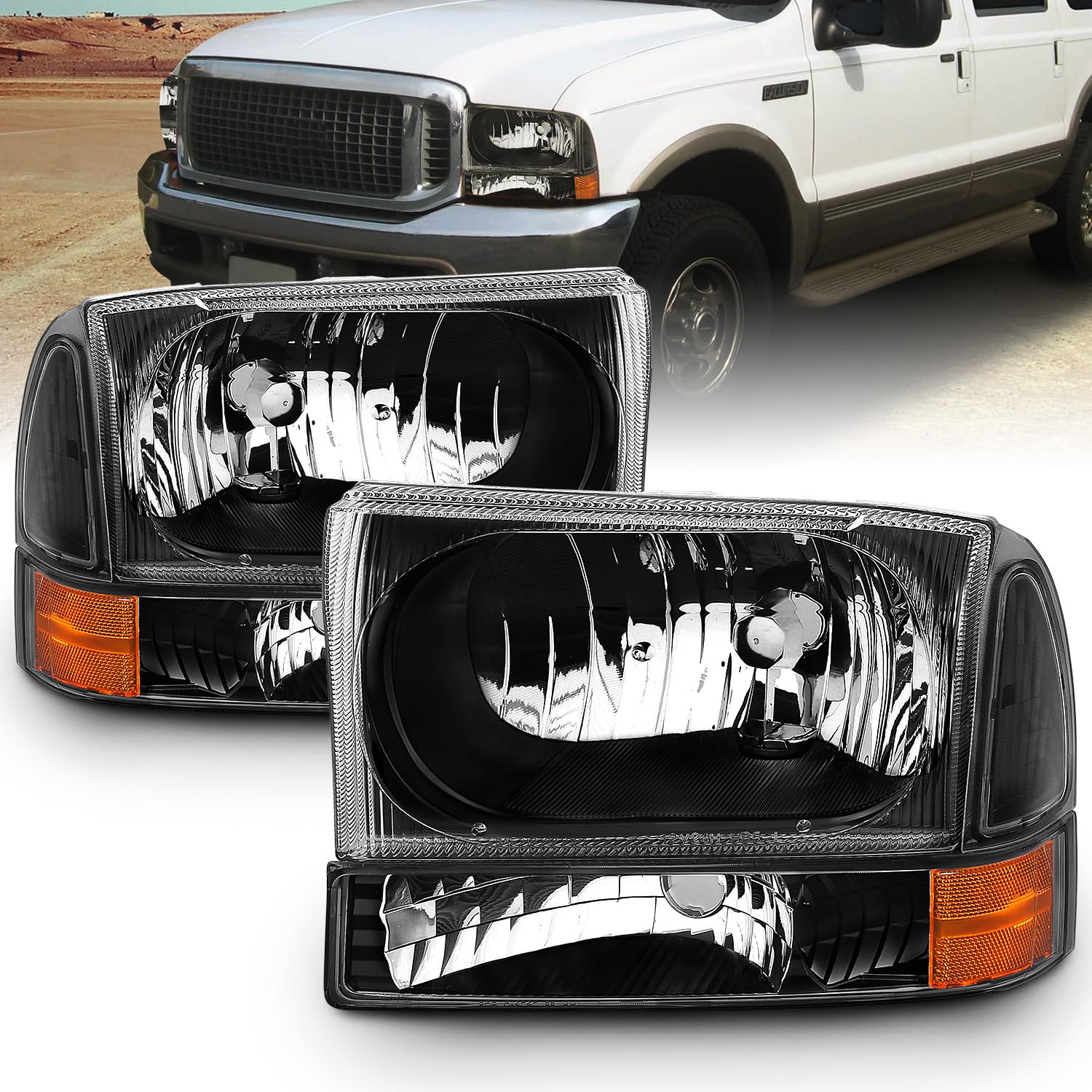 Amerilite For 1999-2004 Ford Super Duty F250 F350 F450 F550 | Excursion Black Factory Style Replacement Headlights W/Corner Bump