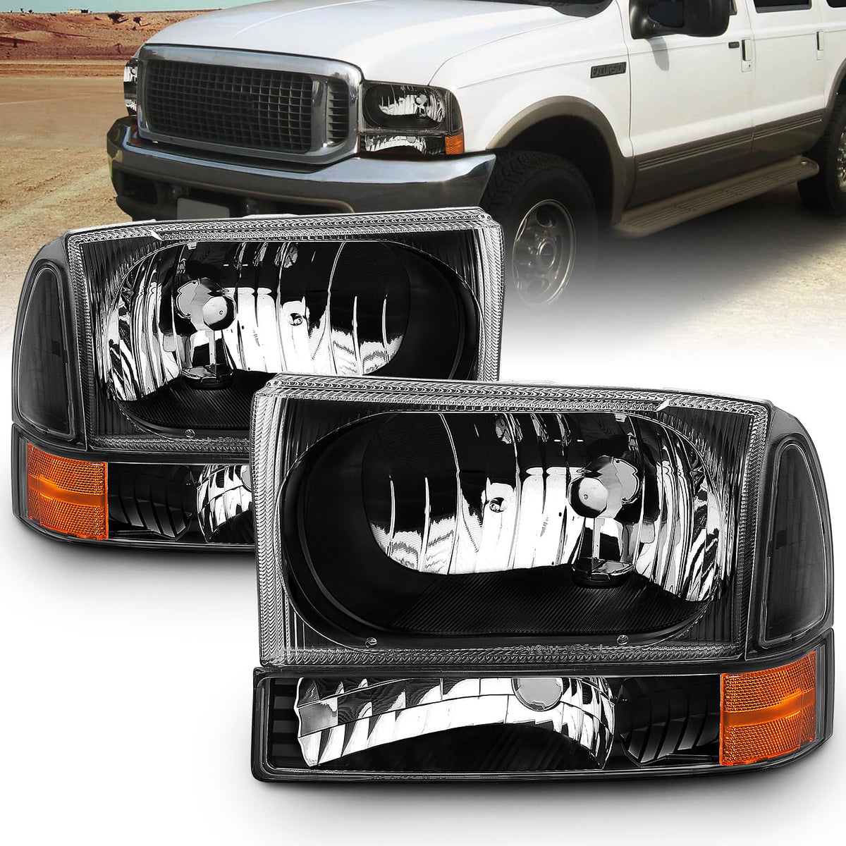 Amerilite For 1999-2004 Ford Super Duty F250 F350 F450 F550 | Excursion Black Factory Style Replacement Headlights W/Corner Bump