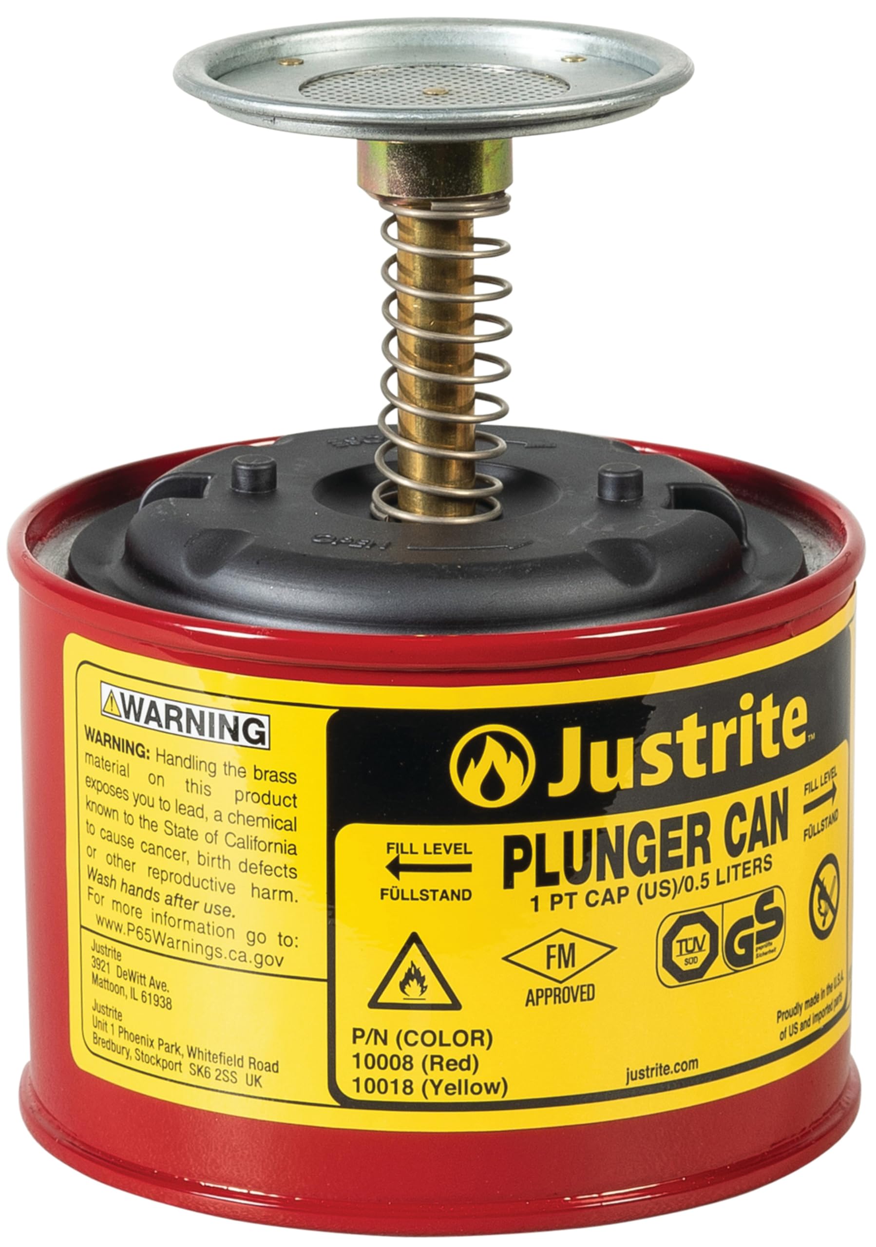 Justrite Plunger Can For Solvents, 1 Pint Capacity, 5.25'' X 4.9'' Steel Push-Down Solvent Dispenser Can, Made In The Usa Indust