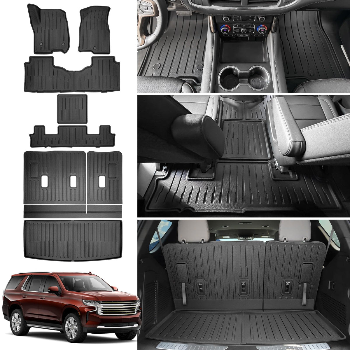 JTYZSM Floor Mats & Cargo Mats Set for 2022-2025 Chevy Tahoe/GMC Yukon 7 Seats with 2nd Row Bucket Seats, All Weather Floor Line