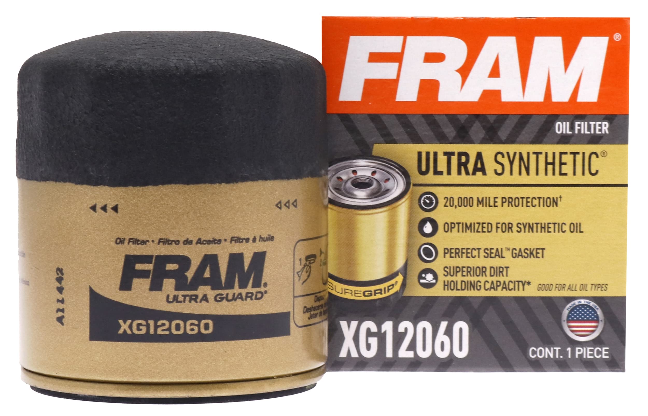 FRAM Ultra Synthetic Automotive Replacement Oil Filter, Designed for Synthetic Oil Changes Lasting up to 20k Miles, XG12060 with