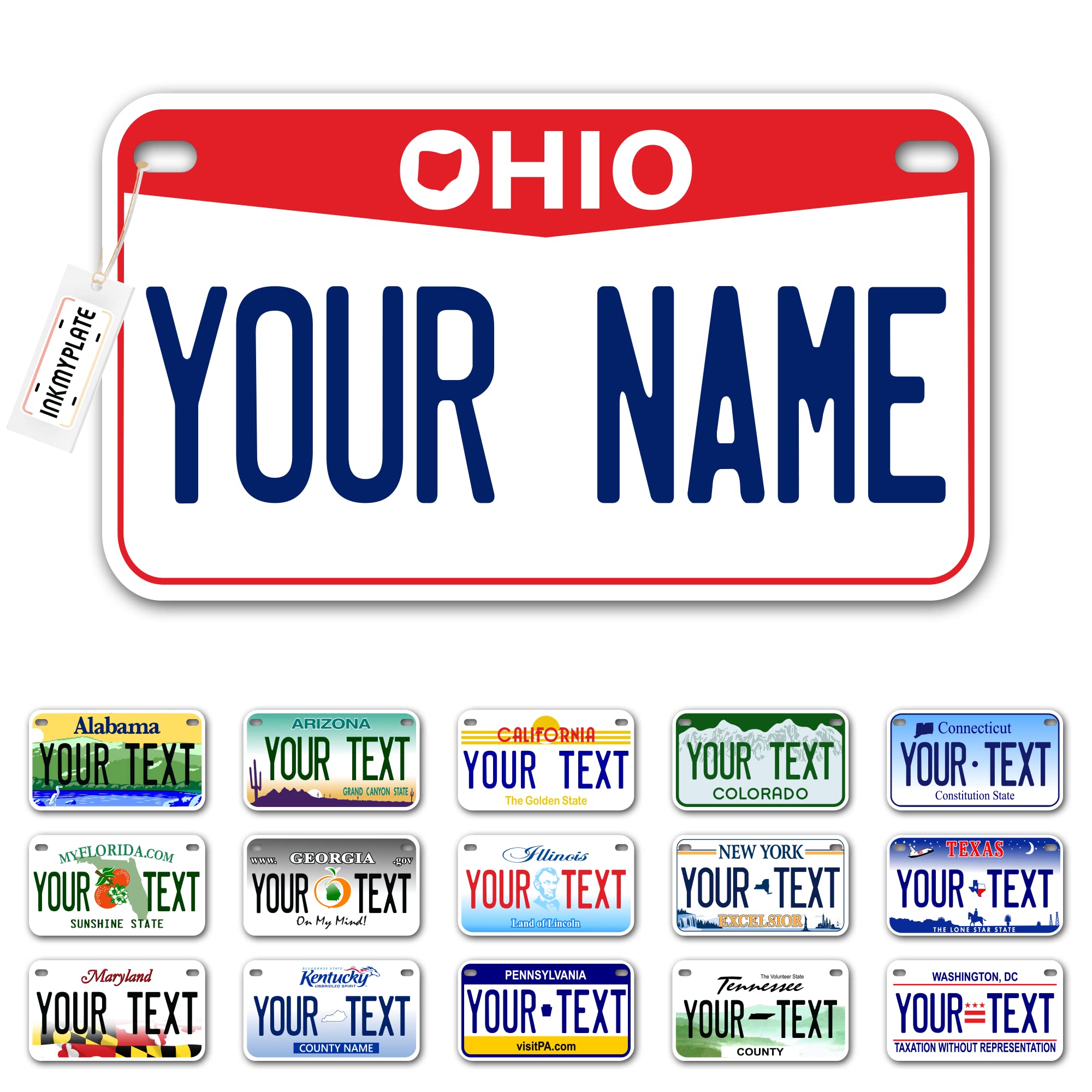 Inkmyplate Personalized Ohio Red Small License Plate | Motorcycle 7X4 In | 3 Sizes | Custom License Plates For Kids Bicycles | Power Wheels | Wagons | Atv | Usa Thick .040 Aluminum