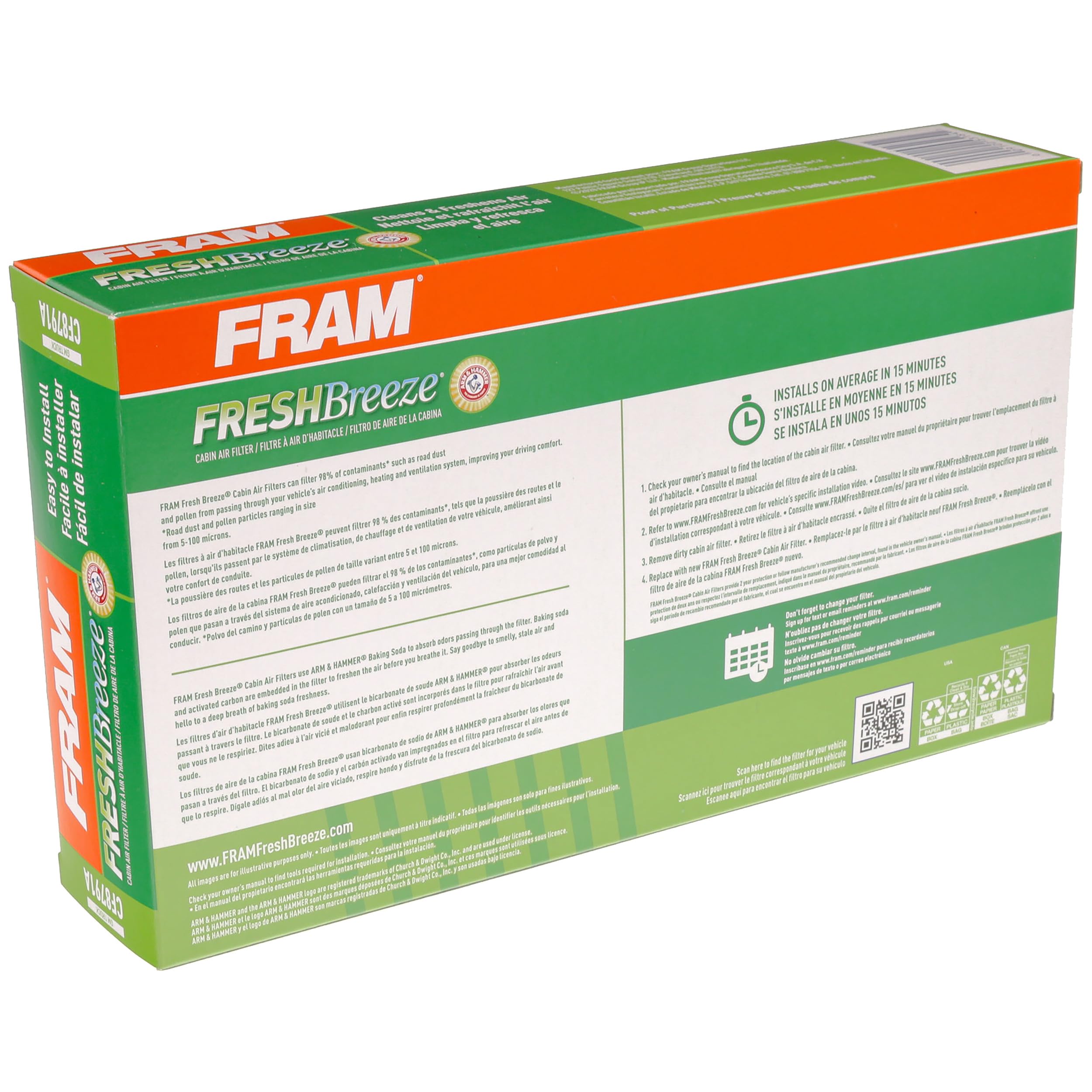 Fram Fresh Breeze Cabin Air Filter Replacement For Car Passenger Compartment W/ Arm And Hammer Baking Soda, Easy Install, Cf8791A For Gm Truck Vehicles , White