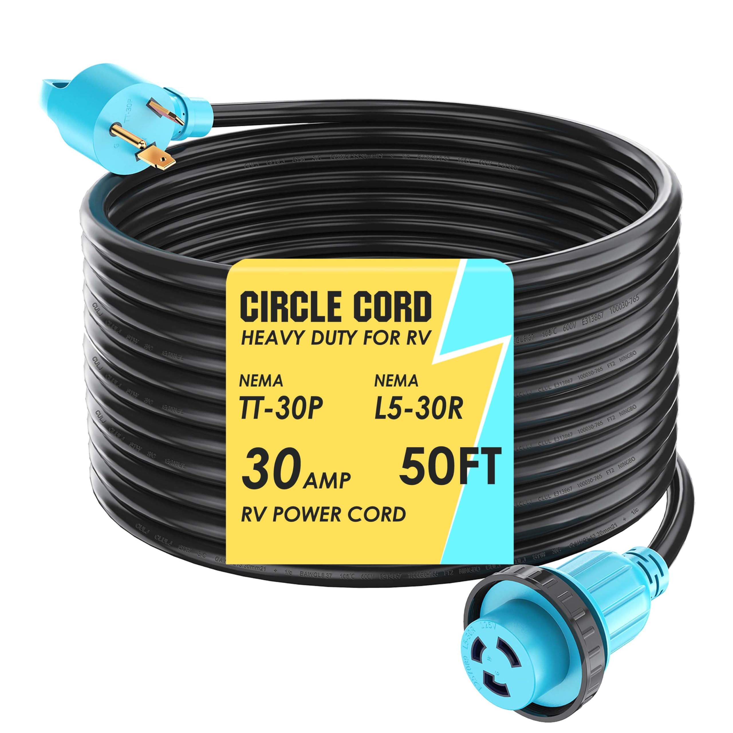 Circlecord 30 Amp 50 Feet Rv Power Cord Twist Locking, Heavy Duty 10 Gauge 3 Wire Stw Pure Copper Wire With Grip Handle, Tt-30P