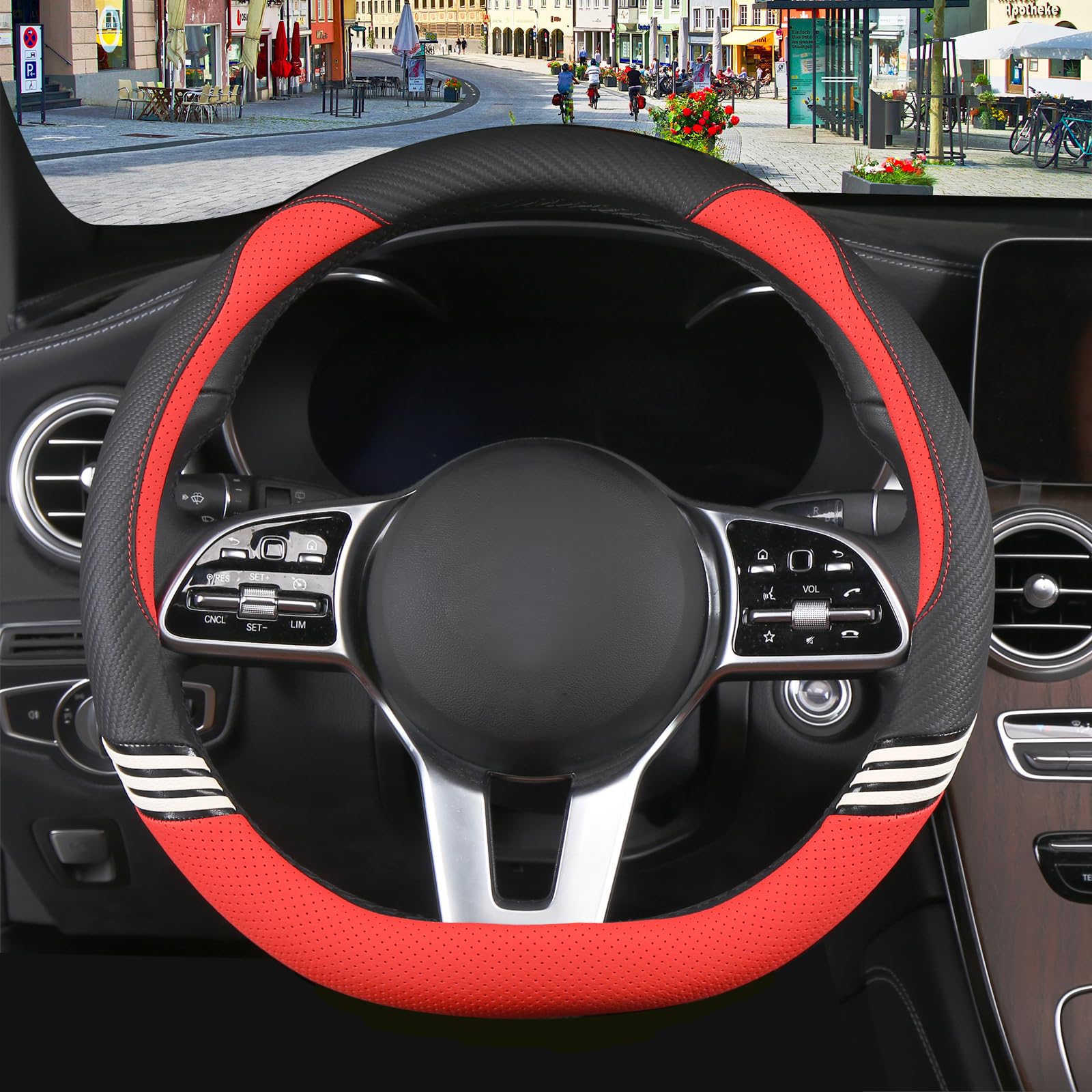 Binsheo Cute Steering Wheel Cover D Shape For Girls Women Universal 15 Inch,Black And Red