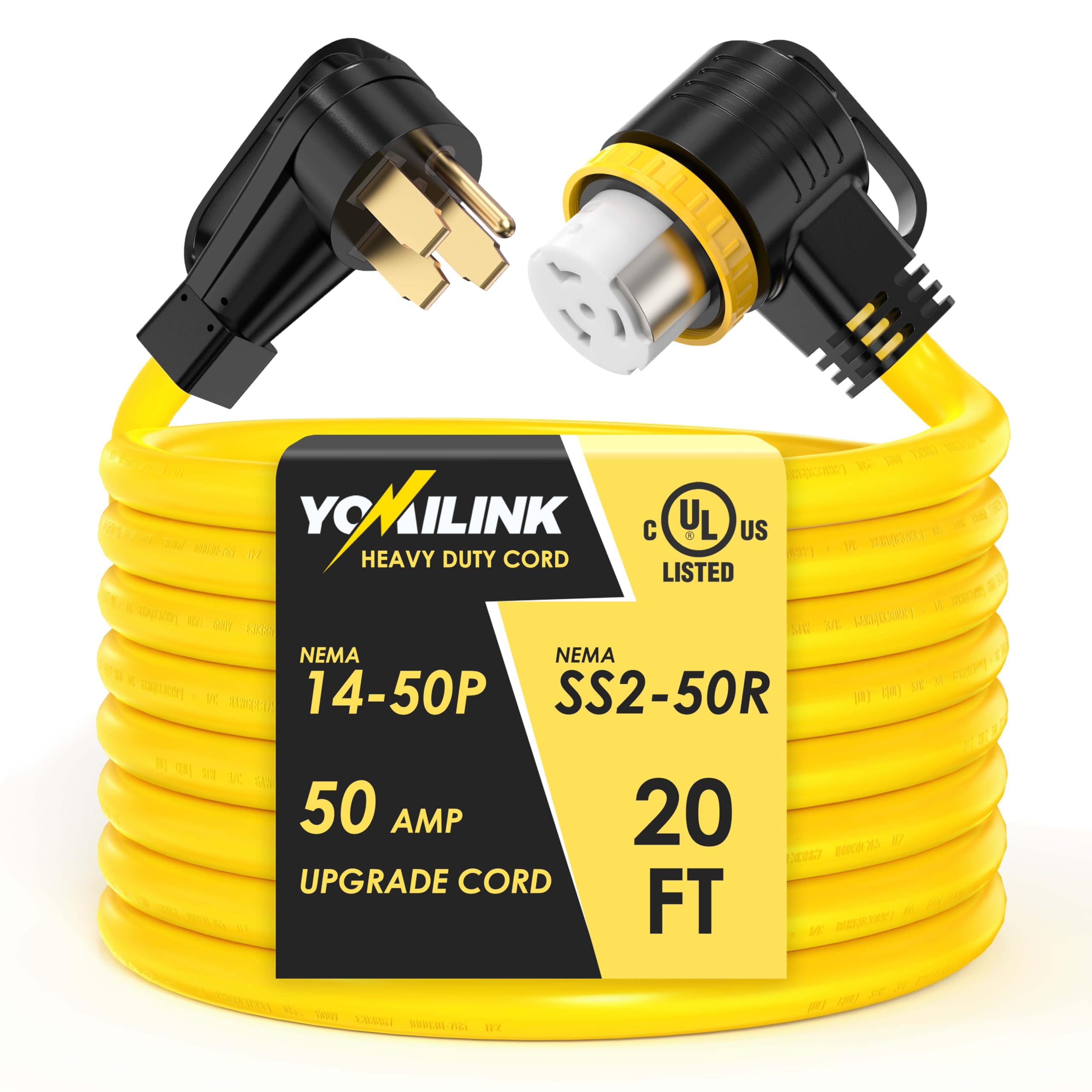 YOMILINK 20 Feet 50 Amp RV/Generator Cord, UL Listed, Locking Connector, NEMA 14-50P to SS2-50R Twist Locking, Newly Designed 90