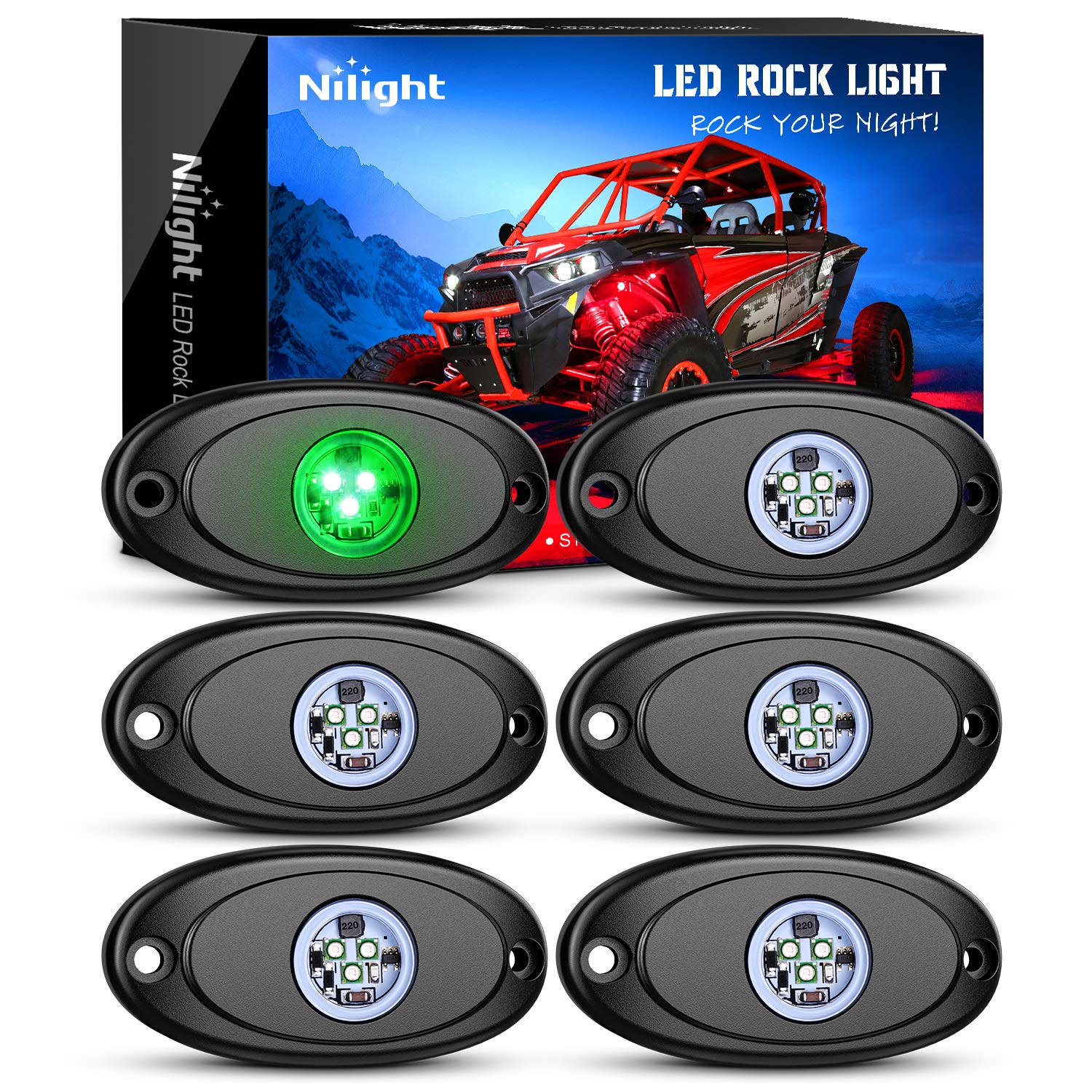 Nilight Led Rock Light 6Pcs Green Light Pods Waterproof Under Body Wheel Well Light Exterior Interior Lights For Car Truck Picku