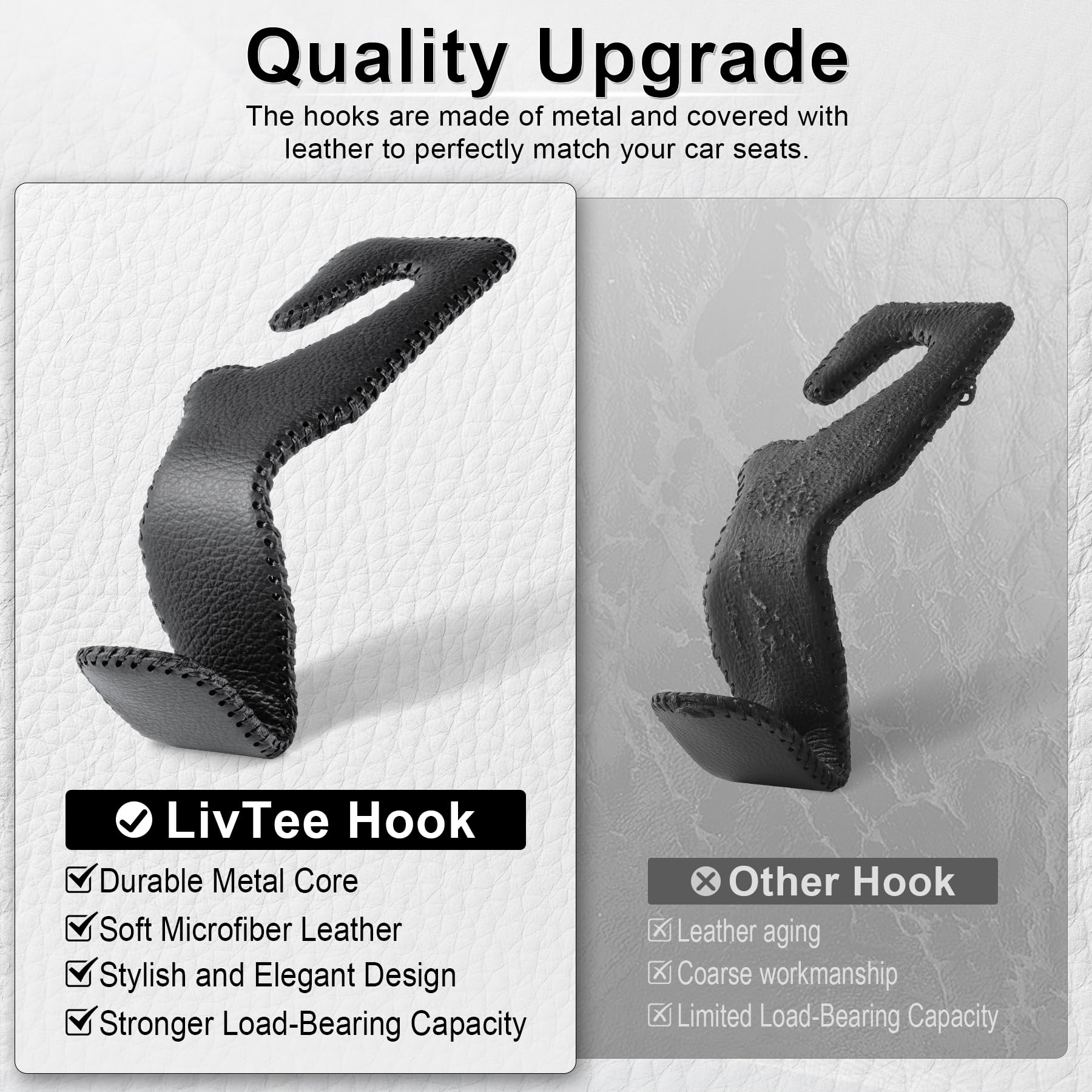Livtee Black Superior Leather Car Seat Back Headrest Hooks, Auto Seat Hook Hangers Interior Accessories For Purse Coats Umbrella