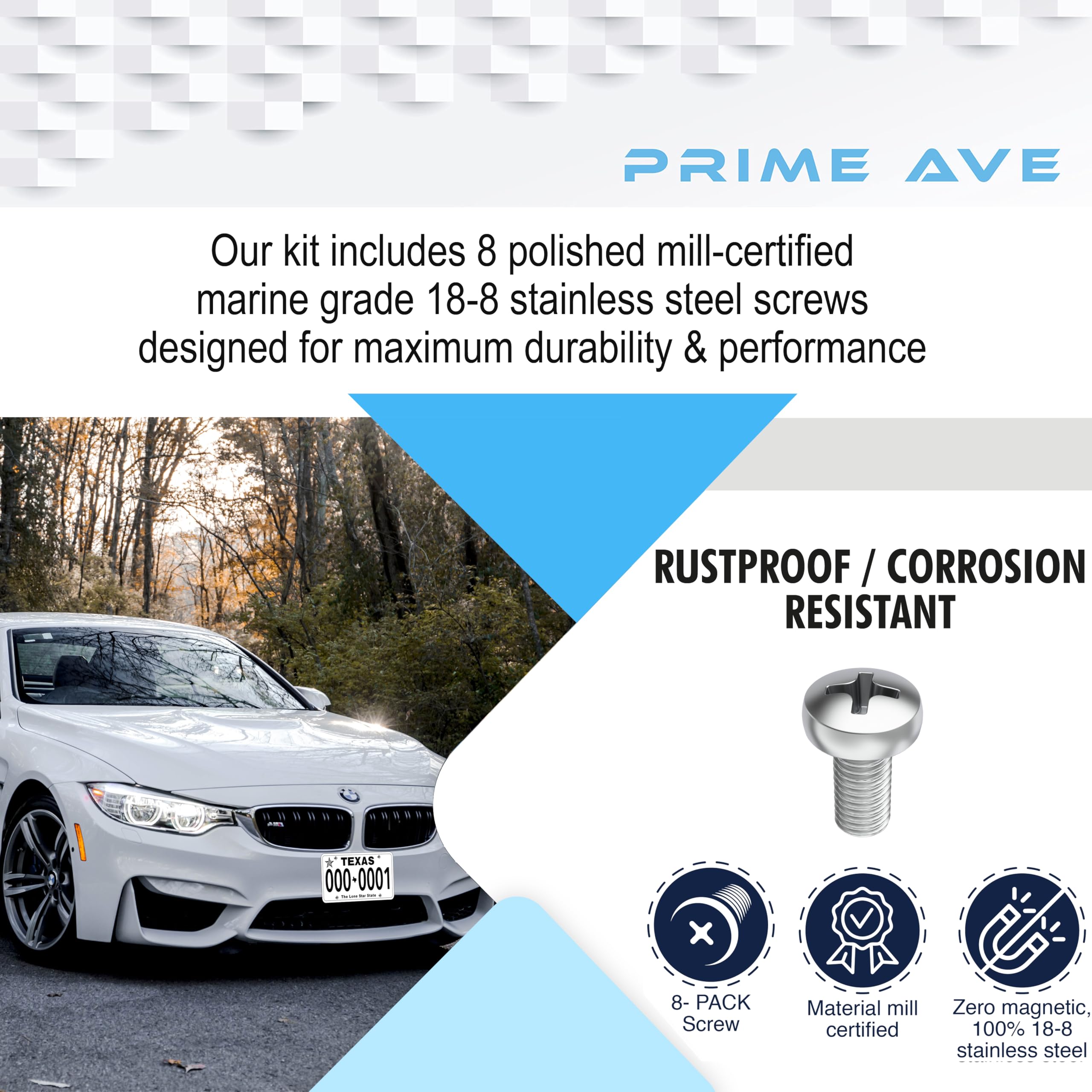 Prime Ave Stainless Steel License Plate Screws For License Plates, Frames, Covers - Front/Rear Rust Proof Car Tag Screws - Licence Plate Screw Set Compatible With Bmw (Pack Of 8)