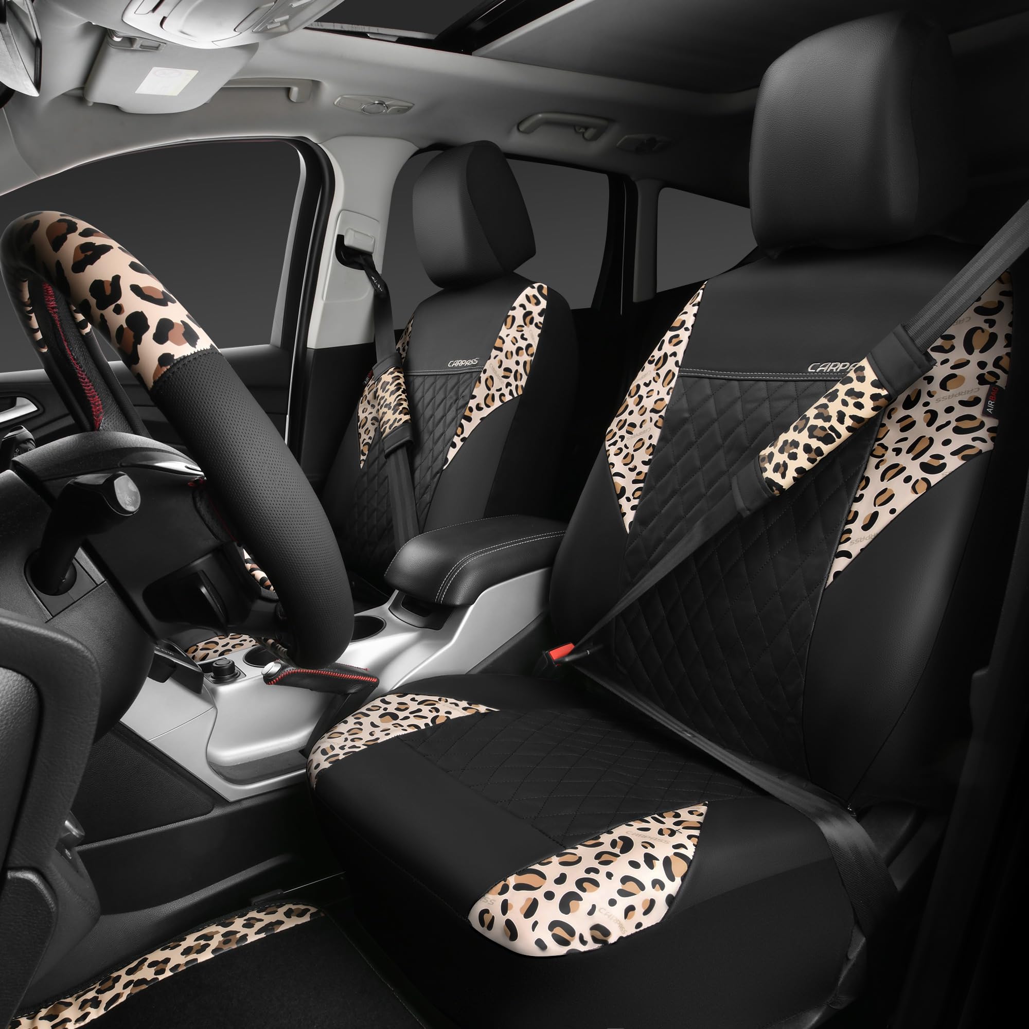 Car Pass Leopard Print Faux Leather Car Seat Covers & Leopard Car Mats&Leopard Steering Wheel Cover Seat Belt Pad Universal Car