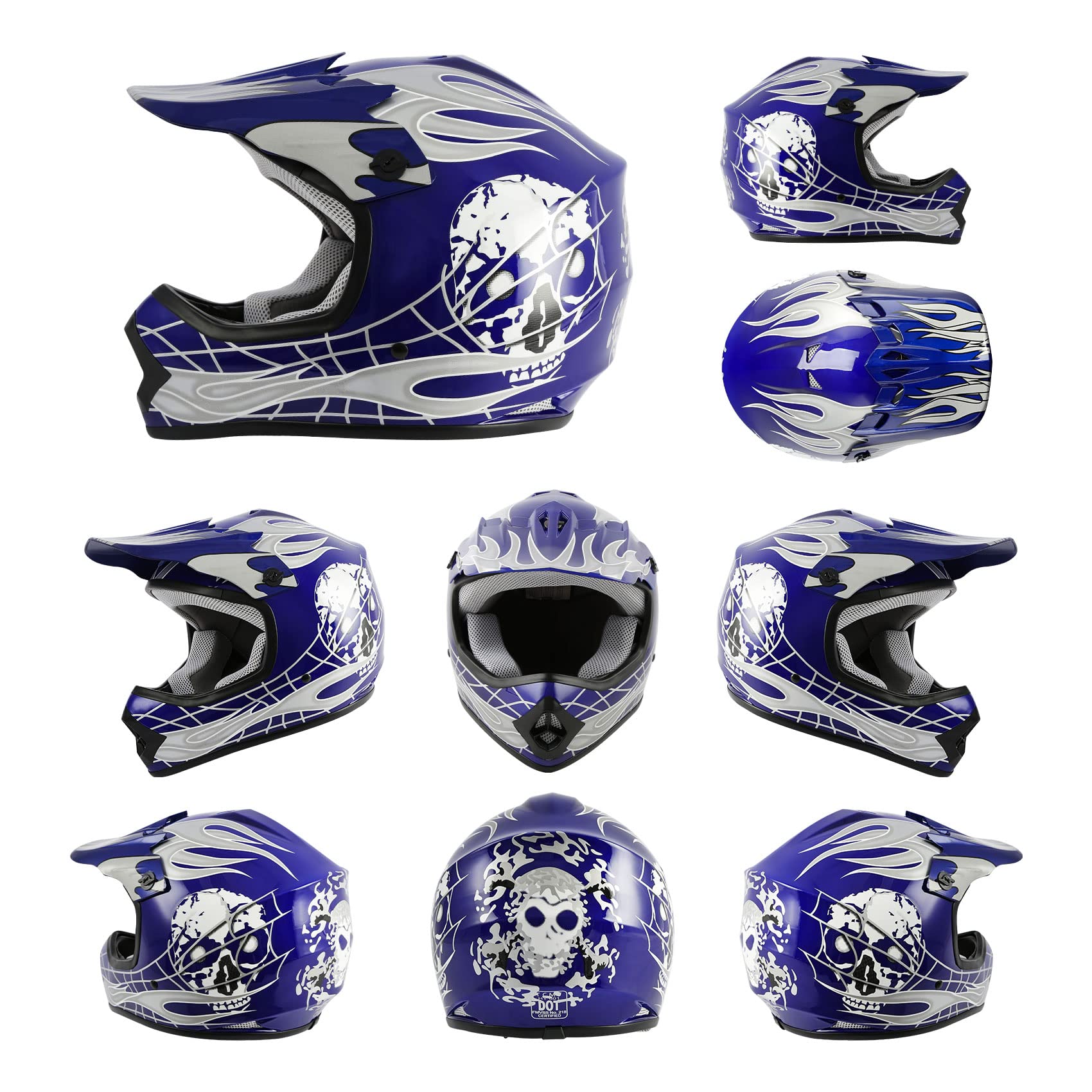 Tcmt Dot Youth & Kids Motocross Offroad Street Helmet Blue Skull Motorcycle Youth Helmet Dirt Bike Motocross Atv Helmet+Goggles+