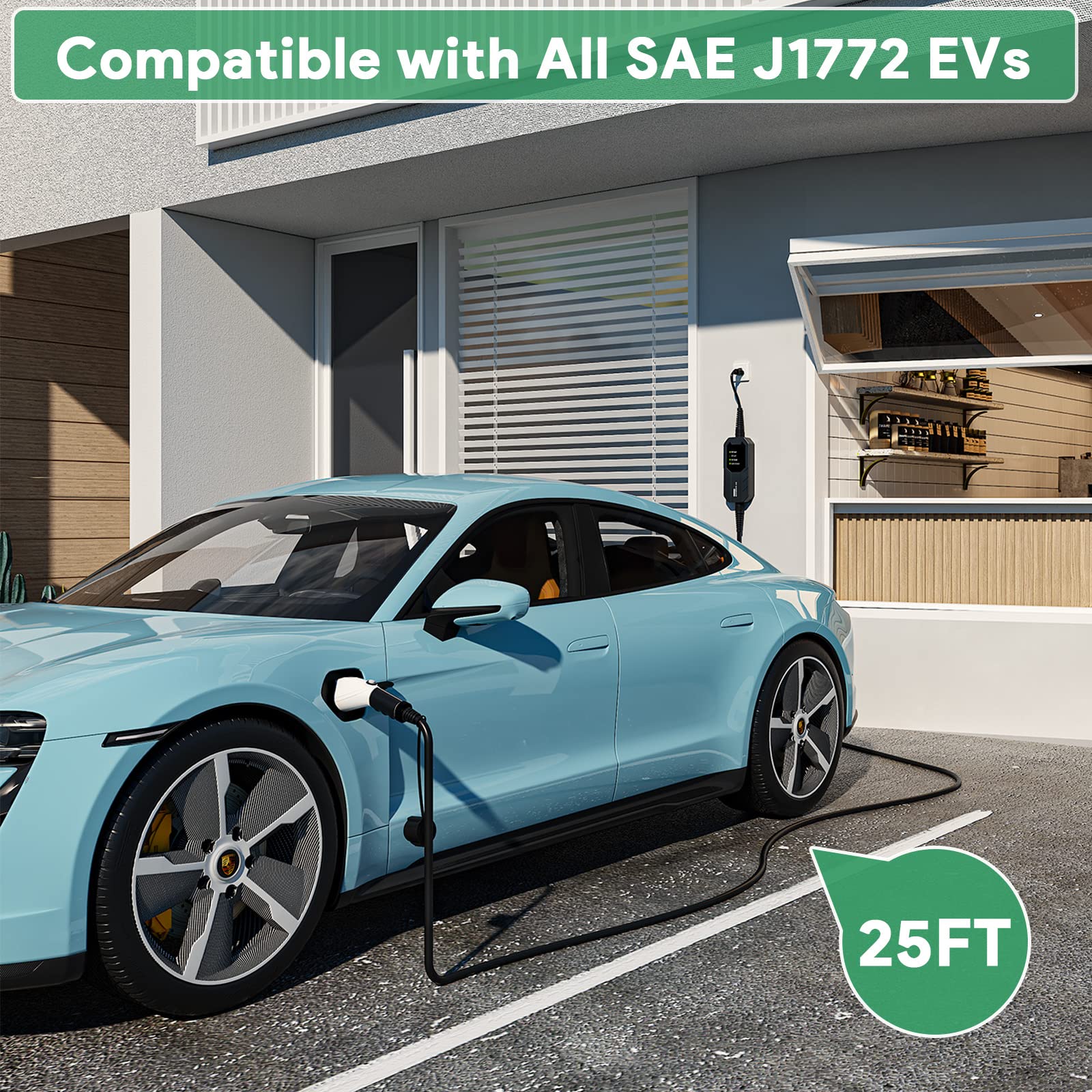 Megear Level 1-2 Ev Charger, 16A 25Ft Nema 6-20 Plug With Nema 5-15 Adapter Portable Electric Vehicle Charging Station