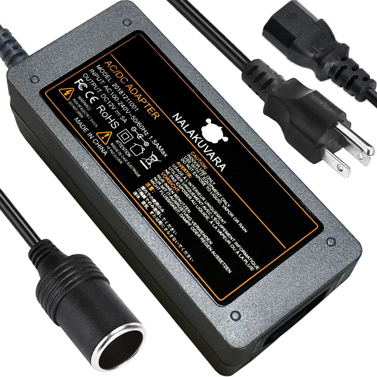 AC to DC Converter 110V to 12V 5A 60W Car Cigarette Lighter Adapter - Wall Plug Outlet Female Socket Converter - 110/120 to 12 V