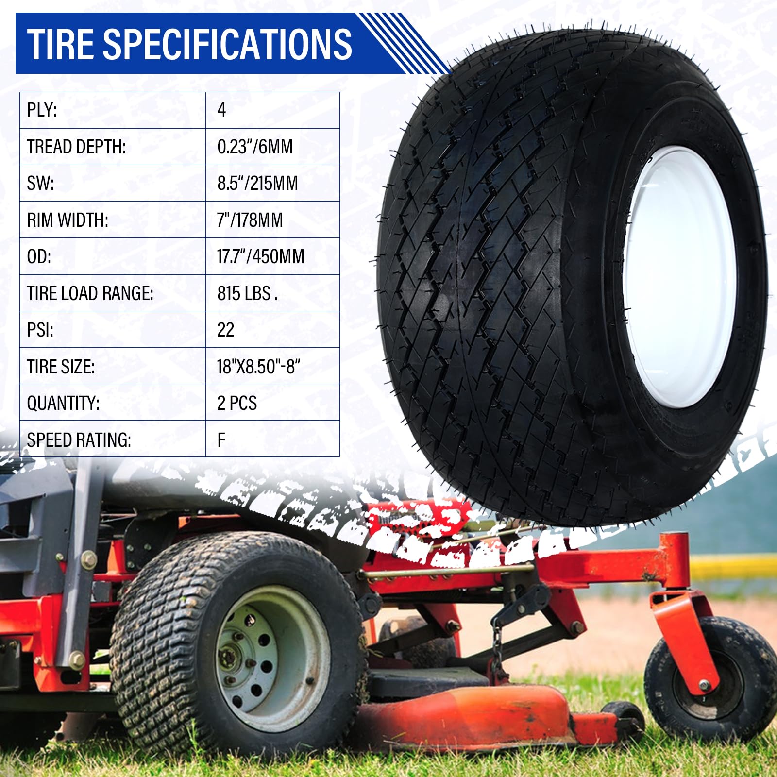 MOTOOS 18x8.50-8 Golf Cart Tires & Rims 18x8.5x8 Lawn Mower Tires 4 Ply Load Range B 4 Lug 4'' Center, 2.83'' Center Bore,White