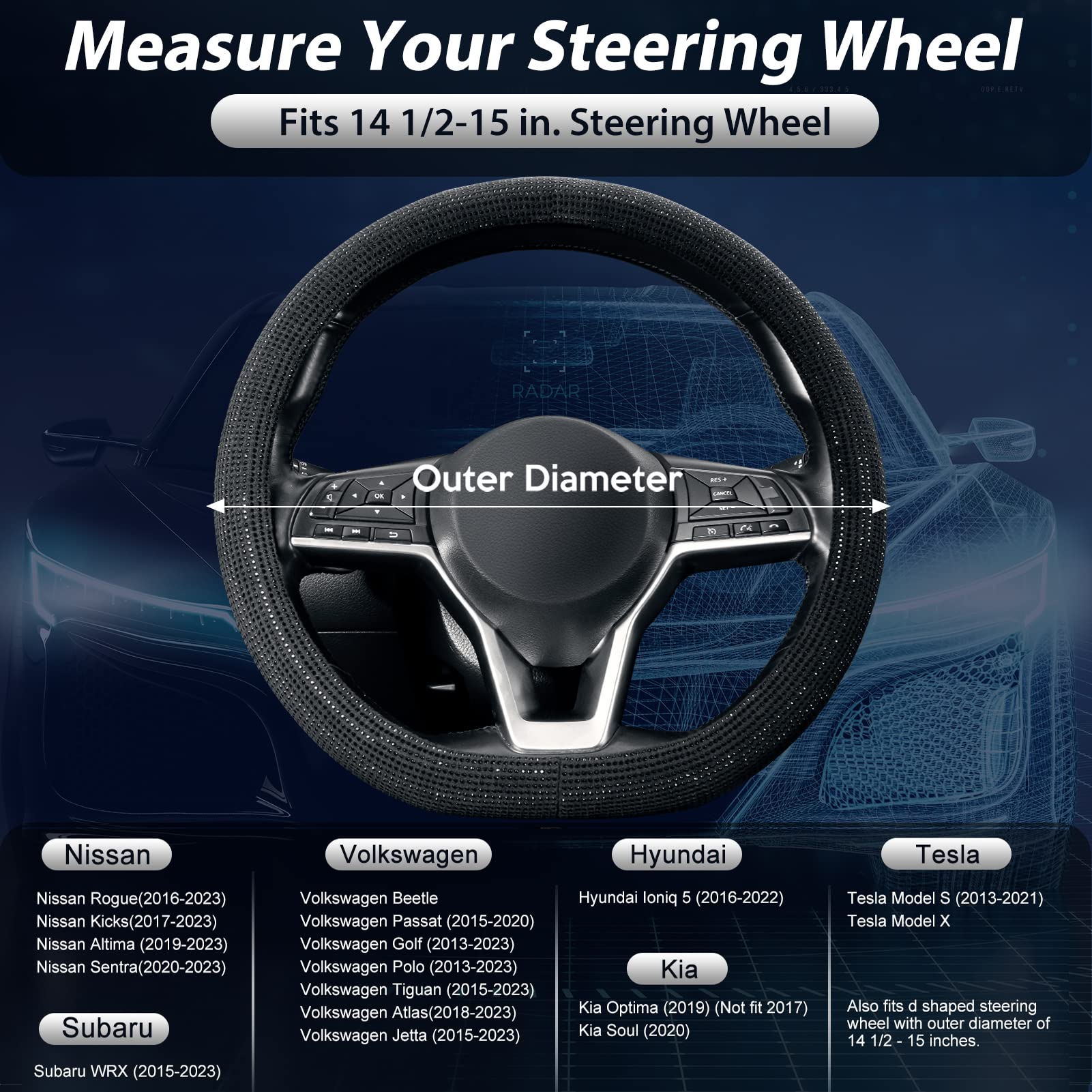 Seg Direct Diamond Flat Bottom Steering Wheel Cover, D Shaped Car Wheel Cover 14 1/2-15 In. (37-39 Cm), Bling Sparkly Rhinestone