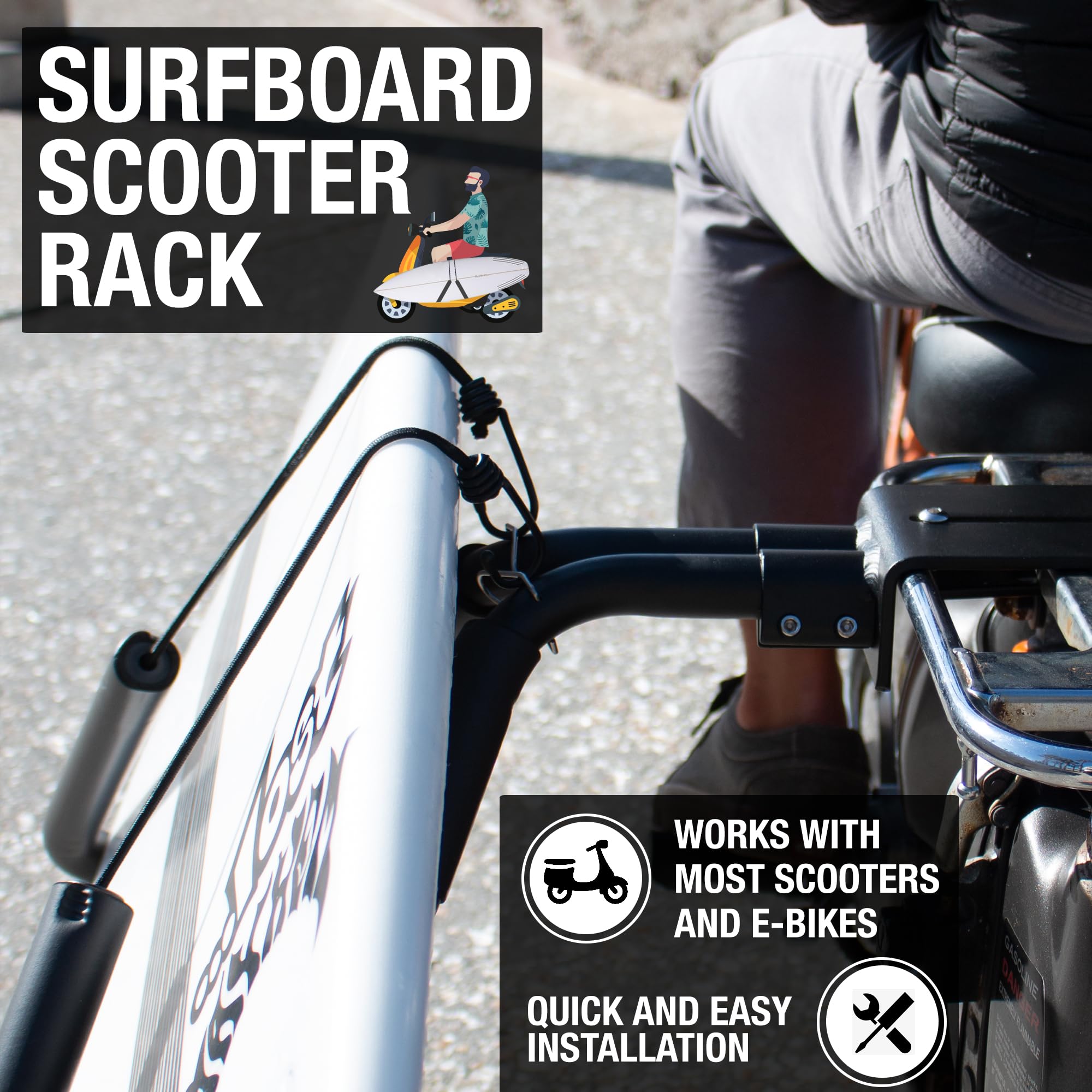 Scooter/Moped/eBike Surfboard Rack - Easy Install for Most Scooters - Less Gas, Easy Parking - for Surf Boards 8 Feet or Shorter