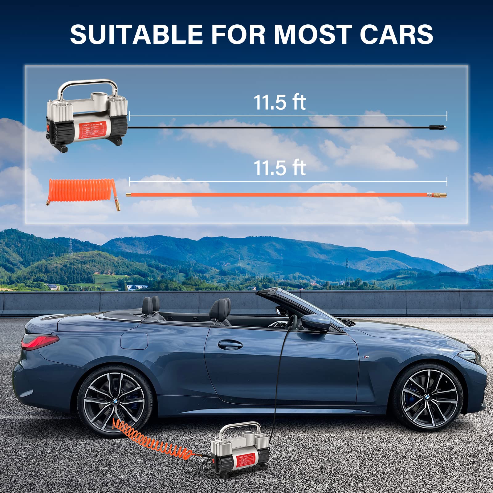 Gspscn Silver Tire Inflator Heavy Duty Double Cylinders With Portable Bag- Car Accessories?Metal 12V Air Compressor Pump 150Psi