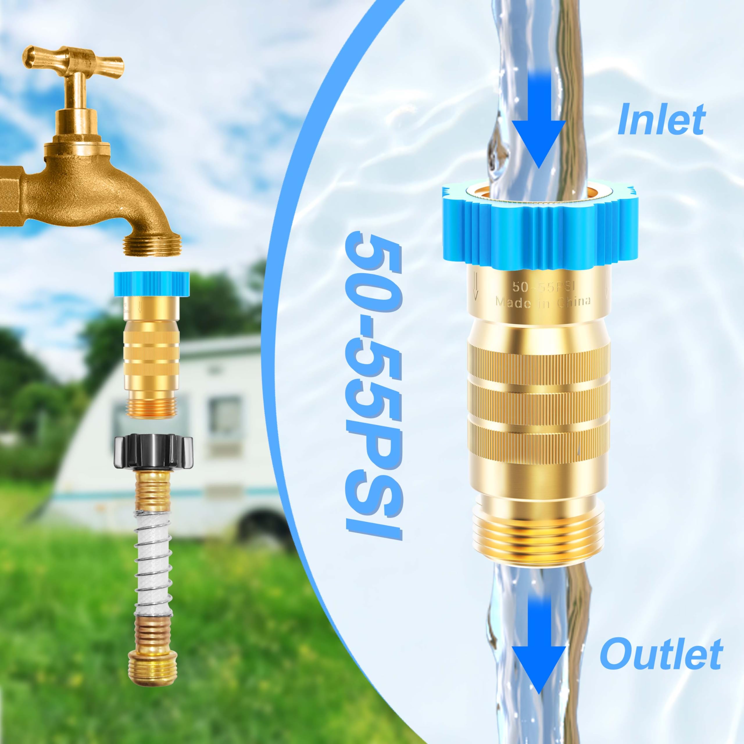 Circlecord Rv Hi-Flow Water Pressure Regulator 50-55 Psi, 3/4 Inch Thread Lead-Free Brass Inline Water Pressure Reducer For Camp