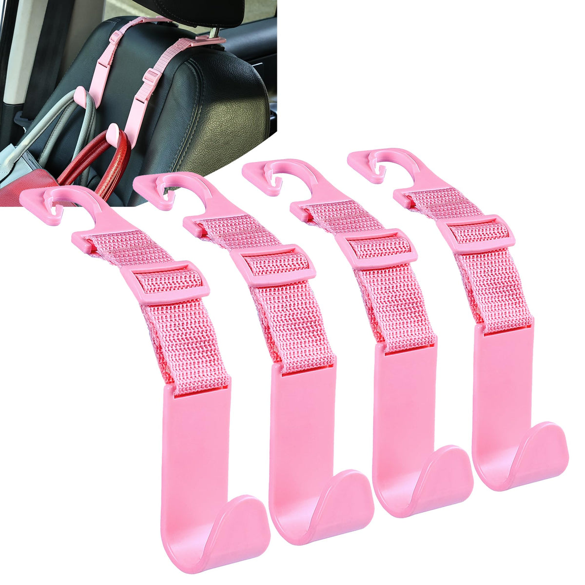 Amooca Headrest Hooks for Car Adjustable 4 Pack Vehicle Seat Back Organizer Storage Hanger Holder for Purse Bags Universal Fit P