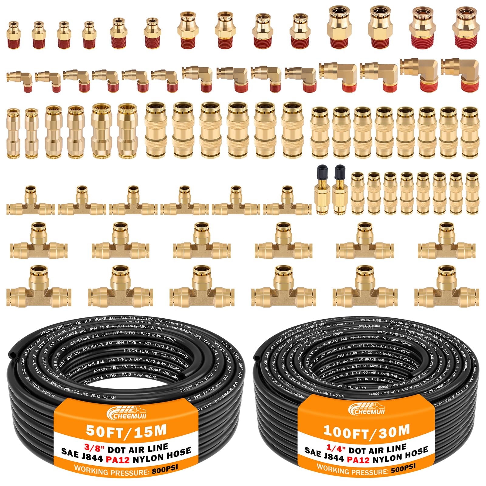Cheemuii 76 Pcs Brass Dot Air Line Fittings With 100Ft 1/4 '' And 50Ft 3/8 '' Dot Air Line Kit Push Lock Air Fitting Quick Conne