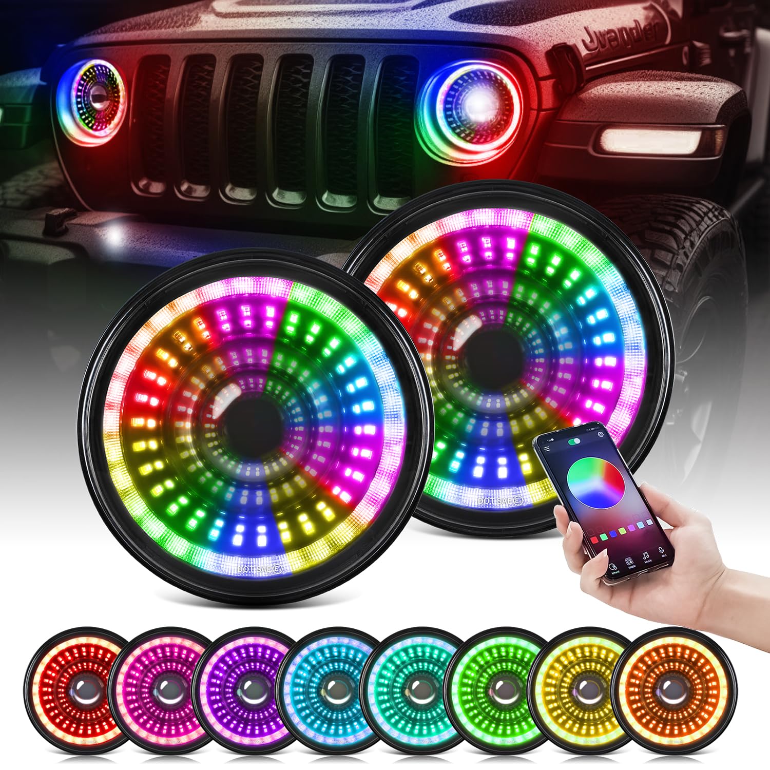 Beeyeo 7 Inch Led Headlights With Drl & Turn Signal & Hi/Lo Beam 7'' Round Headlight For 1997-2017 Wrangler Jk Jku Tj Lj Cj, Dot