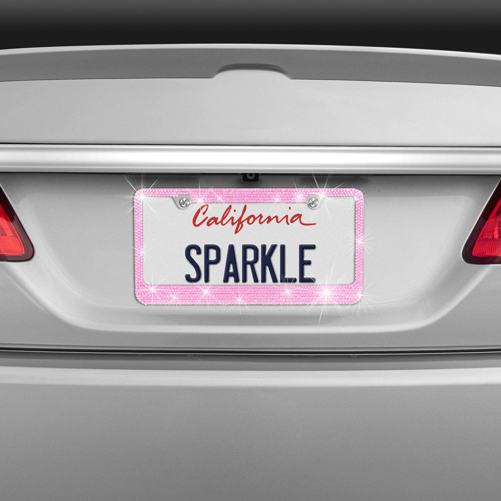 Bdk Stainless Steel Pink Sparkly Sparkling Diamond Crystal Bling Premium License Plate Frame Metal Silver Rhinestone For Women U