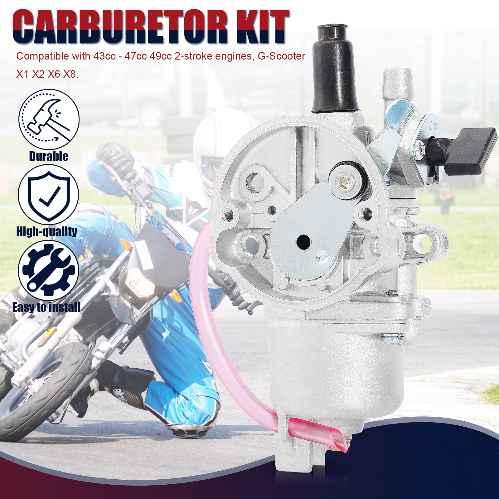 Qazaky Carburetor For 43Cc 47Cc 49Cc 50Cc Syx Moto Holeshot Kids Mini Dirt Bike Pit Pocket Rocket Super Bike Minimoto Atv Quad Go Kart Moped Chopper Scooter Motocross Brush Cutter 2-Stroke Engine Carb