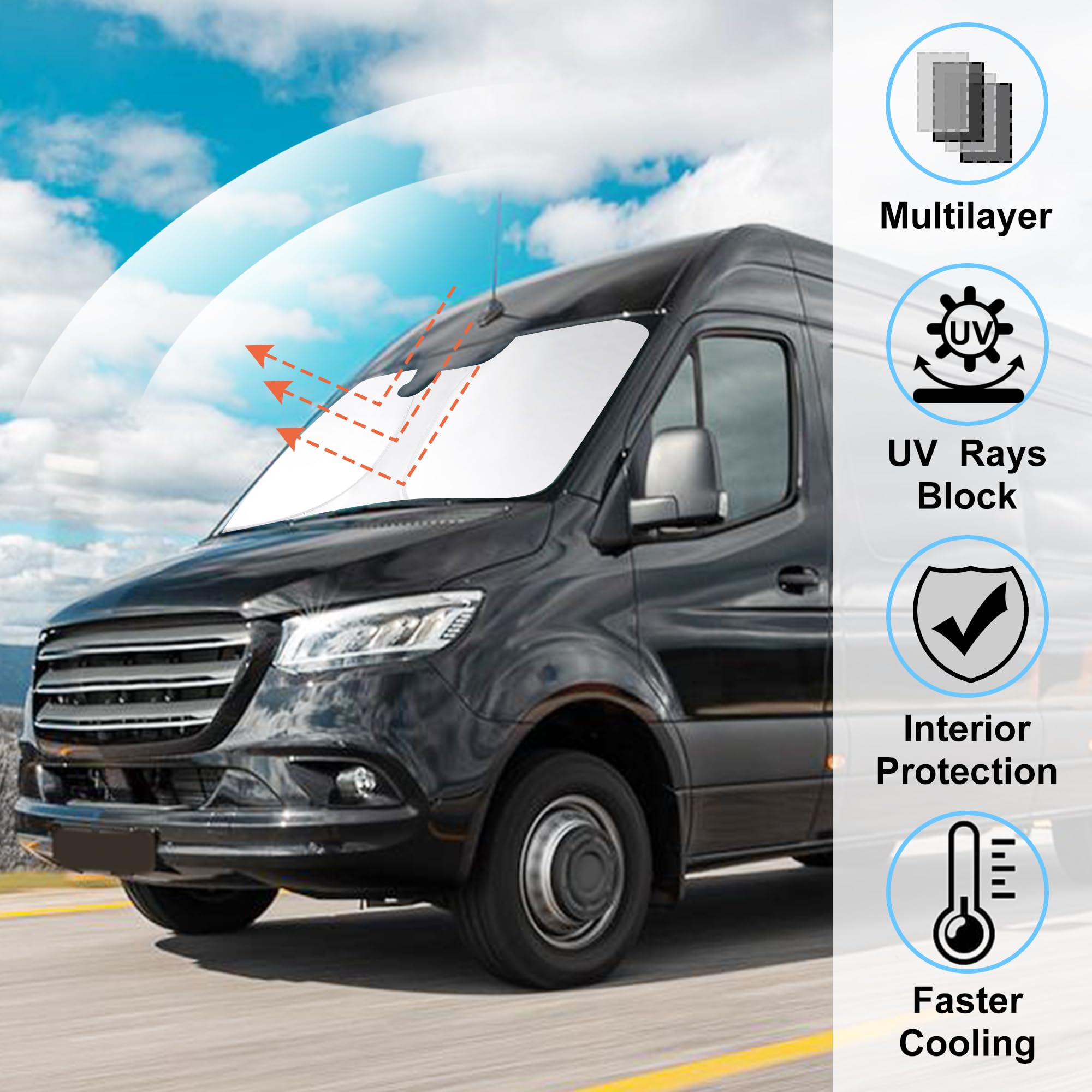 Windshield Sun Shade Foldable Sun Visor Protector Custom Fit 2007-2024 2025 Mercedes Benz Sprinter Freightliner Cargo Crew Passe