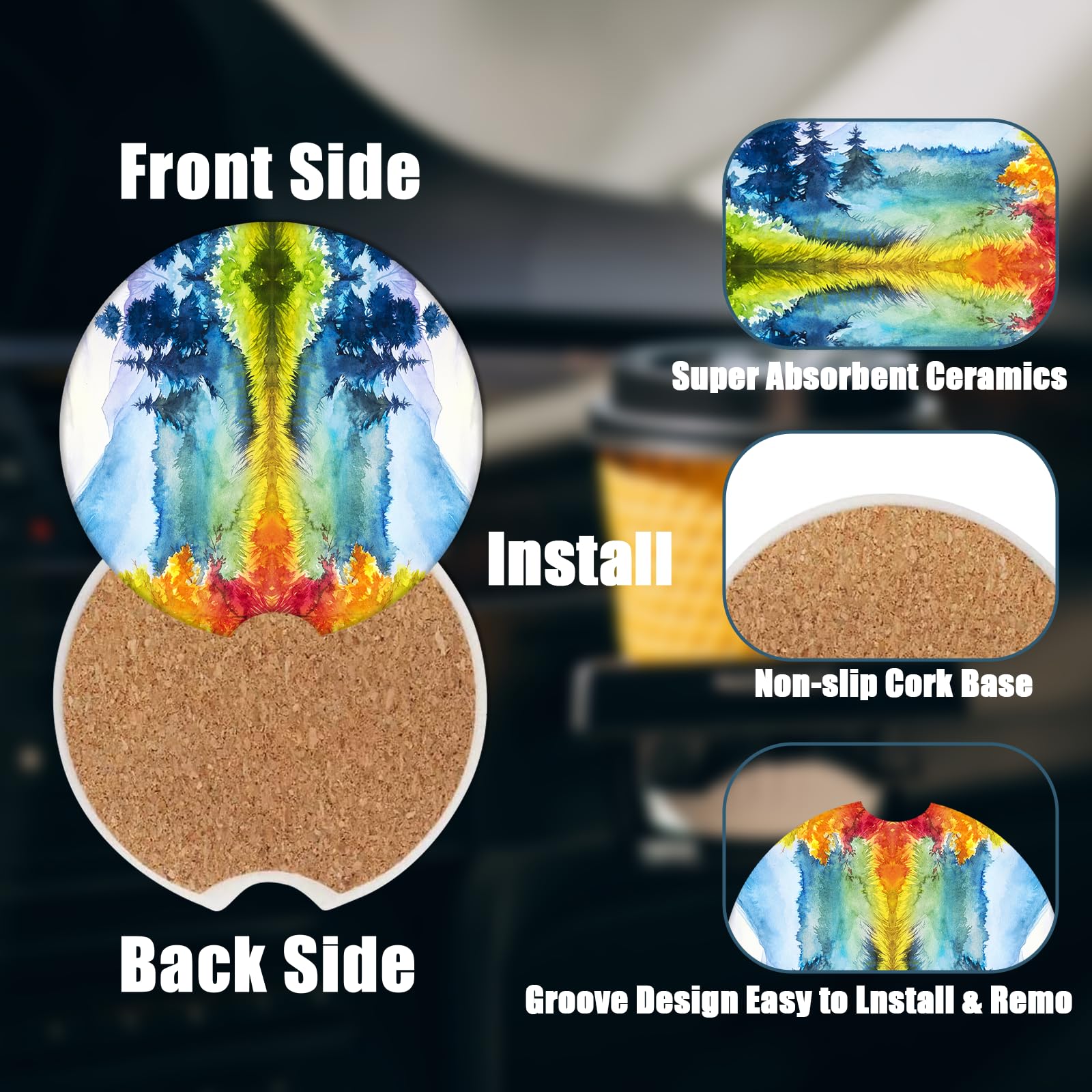 Car Cup Holders Coasters - Autumn Mountains Scenery Sunset Absorbent Ceramic Coaster, Drink Cup Holder Coasters, Auto Interior A