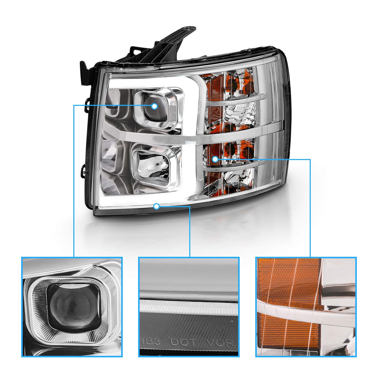 Amerilite For 2007-2013 Chevy Silverado 1500/07-14 Silverado 2500Hd 3500Hd Led, Halogen, Tube Quad Projector Chrome Car Headligh