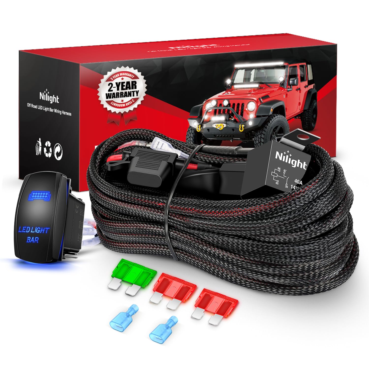 Nilight Wiring Harness Kit Nylon 12 Awg 1 Lead 12V 5Pin Rocker Switch Laser On Off Power Relay Blade Fuse For Led Light Bar Off