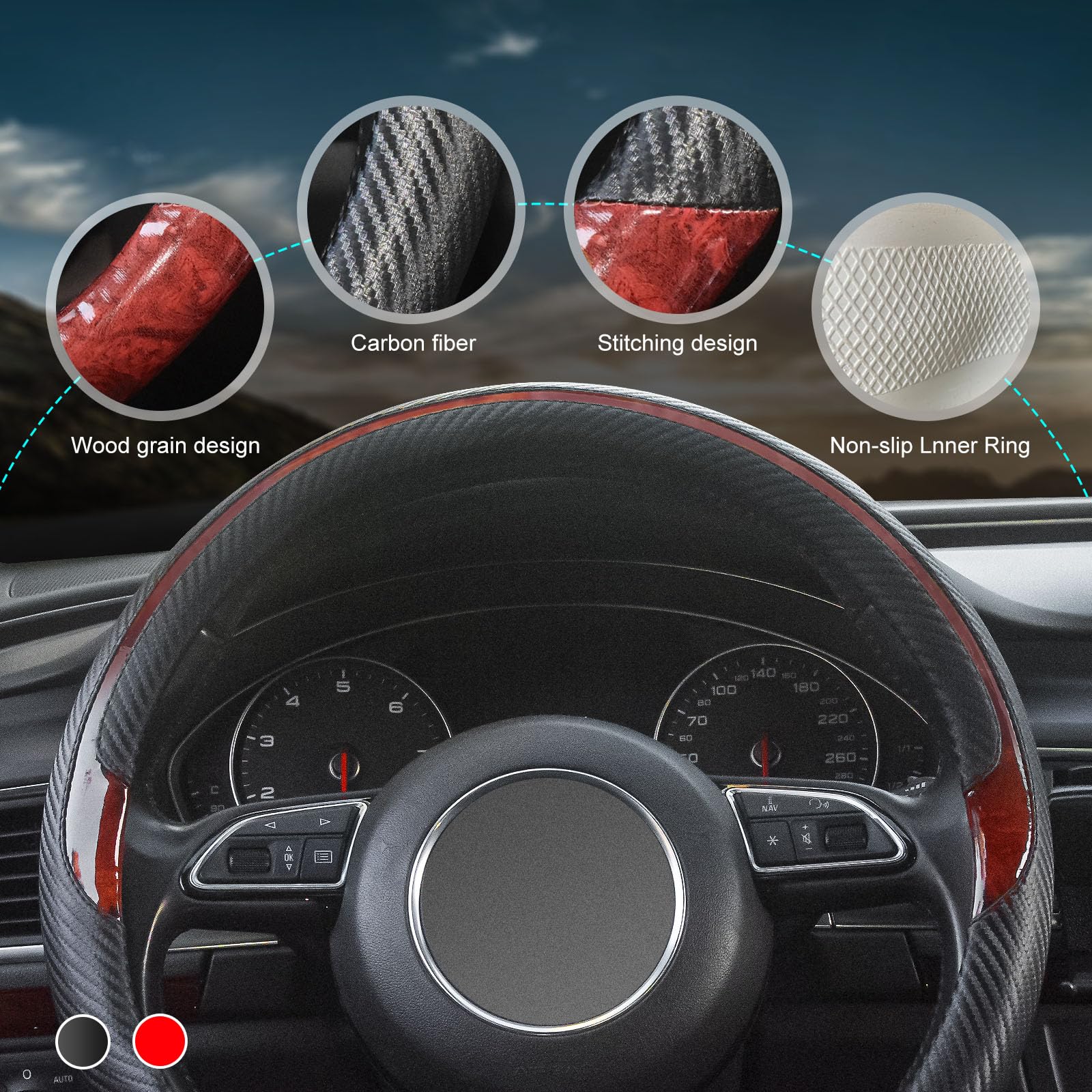 Xizopucy Wood Grain Steering Wheel Cover Red Universal Microfiber Leather, Suitable For 14 1/2-15 Inch Comfortable Anti-Slip, Go