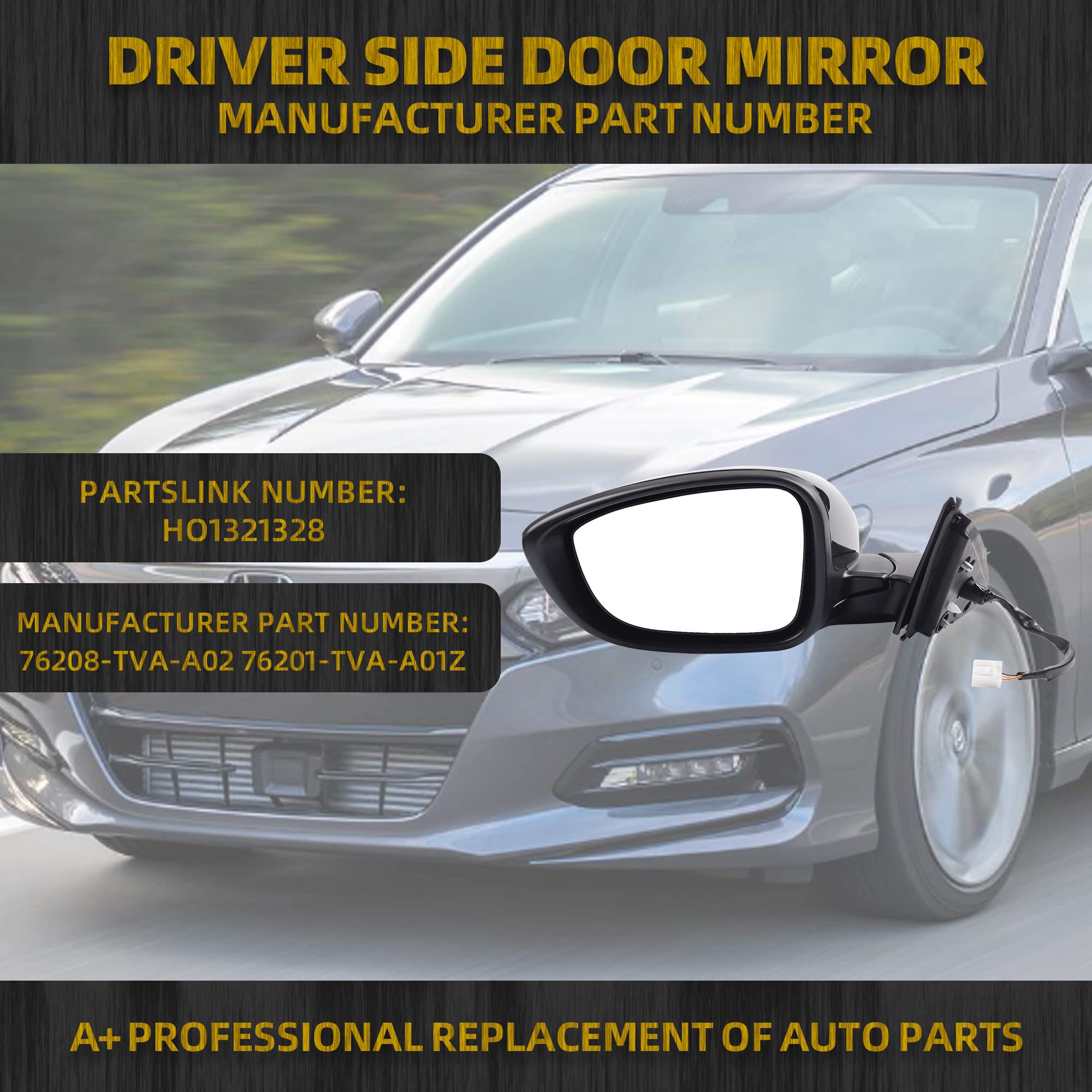 Dasbecan Left Driver Side Door Mirror Compatible With Honda Accord Lx Sport 1.5T 2018-2022 Power |Non-Heated|Paint To Match Repalces# Ho1320328,76258-Tva-A02 (3Pins-Black)