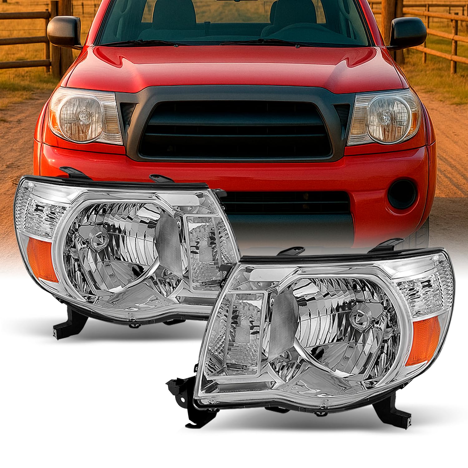 Akkon - For 2005-2011 Toyota Tacoma Pickup Truck Oe Replacement Chrome Headlights Driver/Passenger Head Lamps