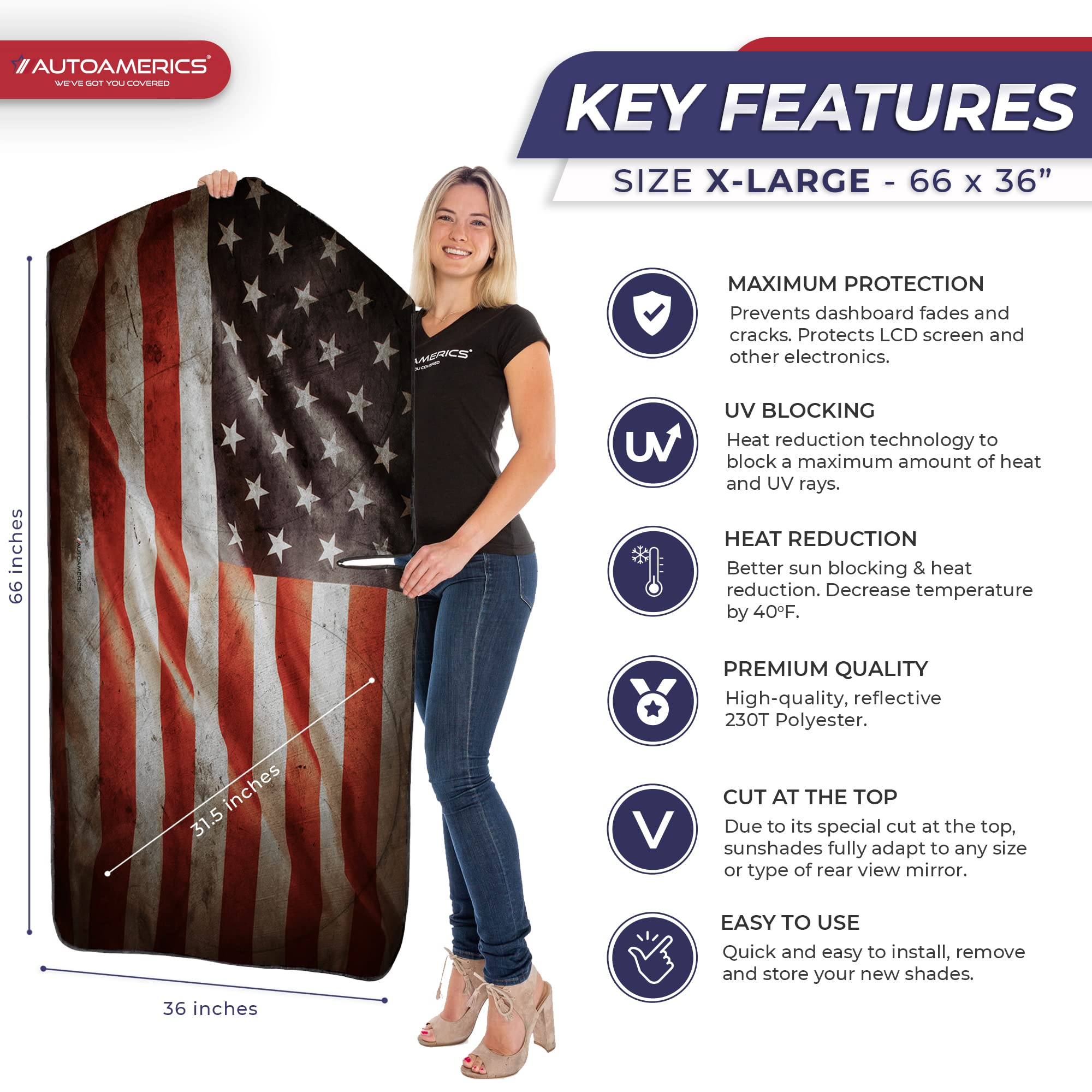 Autoamerics Truck Windshield Sun Shade With Storage Pouch & Anti-Slip Dash Pad - Foldable Grunge Usa Flag-1 Design Cover - Fits