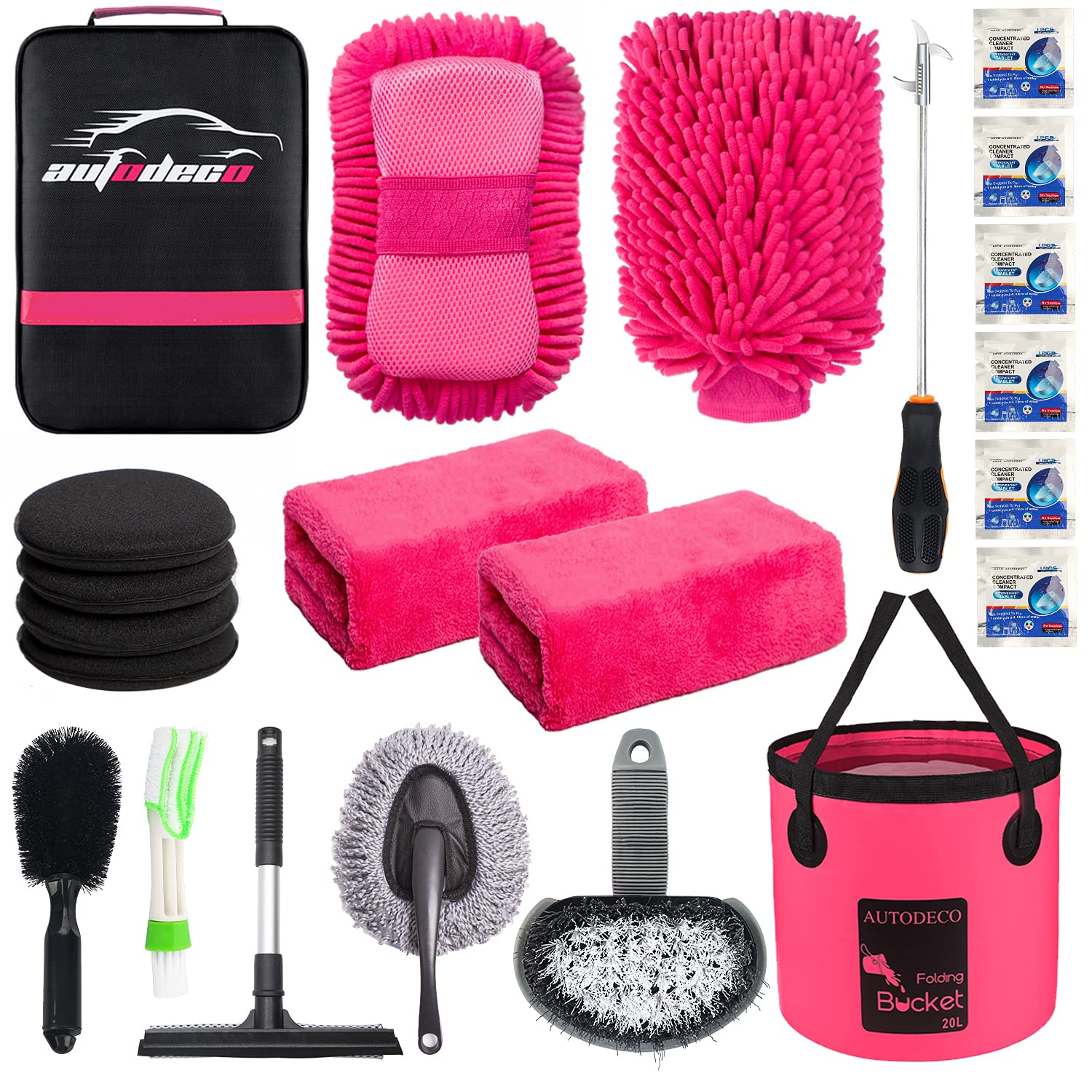 Autodeco 22Pcs Car Wash Cleaning Tools Kit Car Detailing Set With Canvas Bag Pink Collapsible Bucket Wash Mitt Sponge Towels Tir